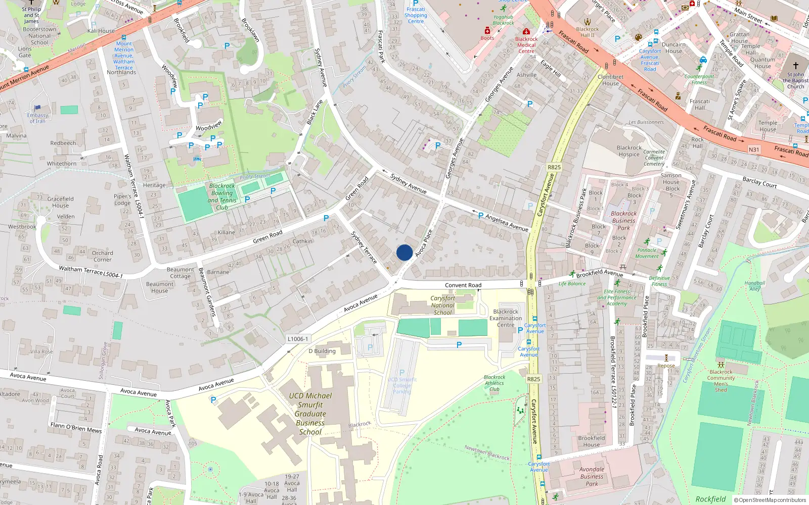 Overhead map showing the location of 5 Avoca Place, Blackrock