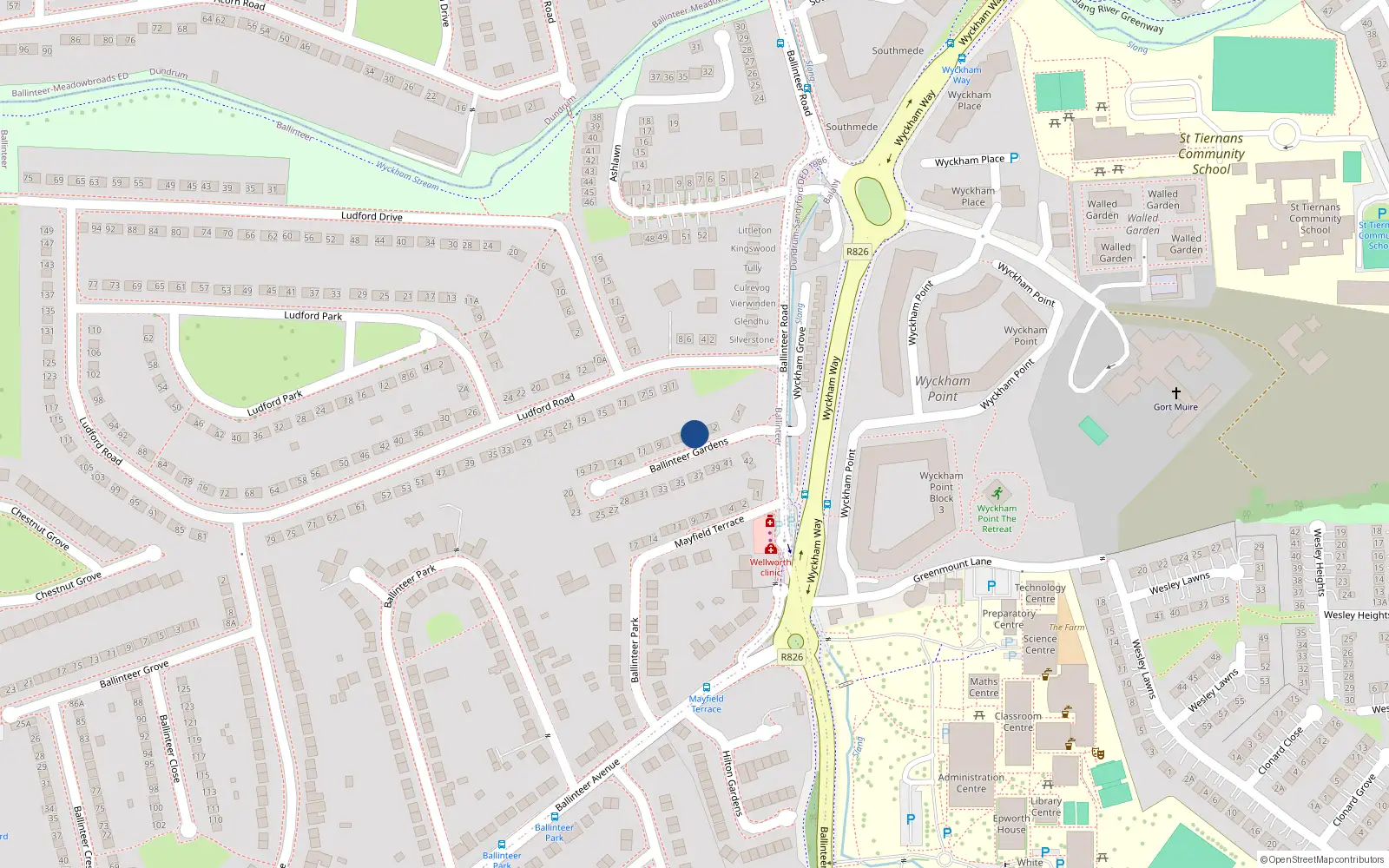 Overhead map showing the location of 5 Ballinteer Gardens, Dublin 16