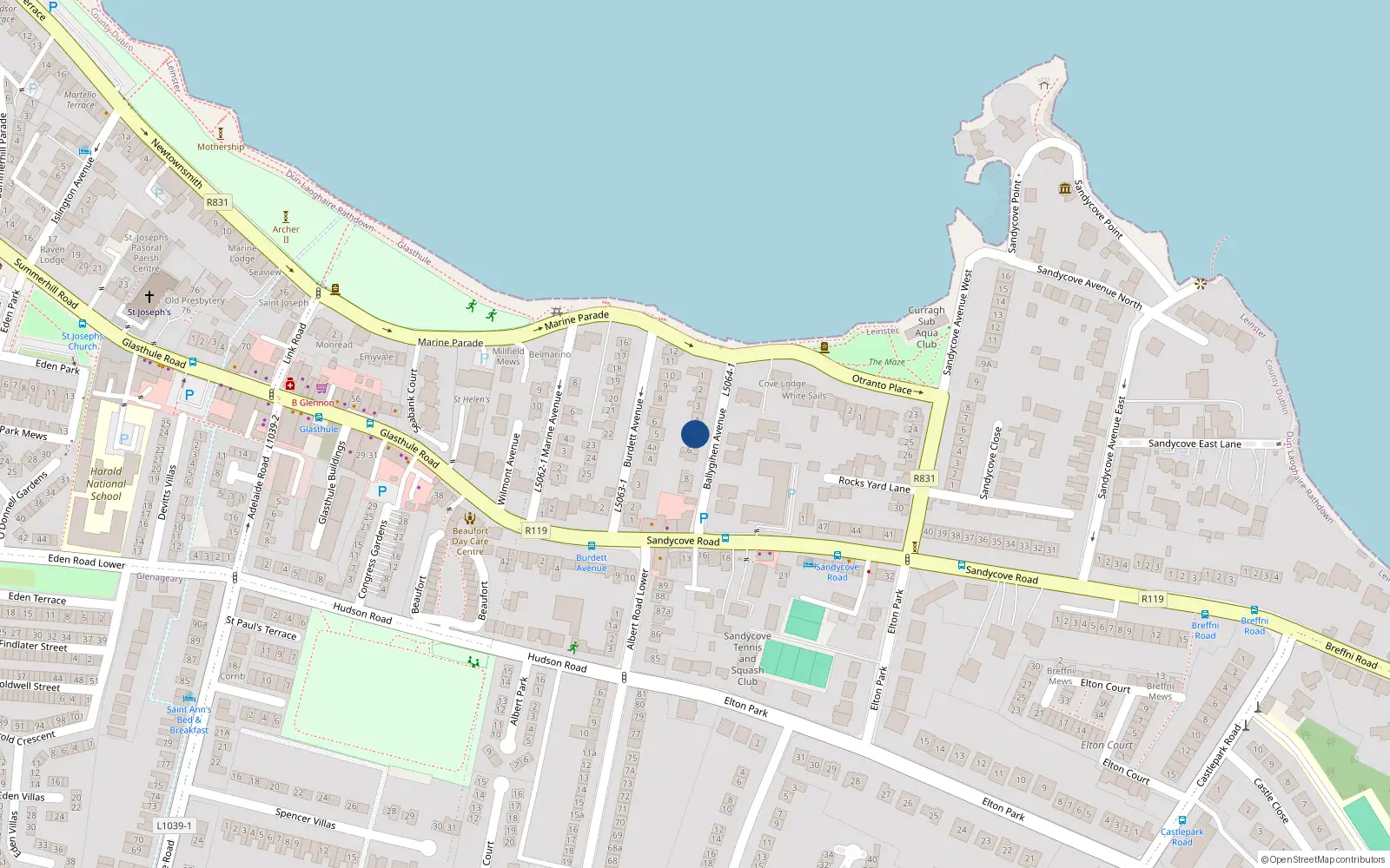 Overhead map showing the location of 5 Ballygihen Avenue, Dublin