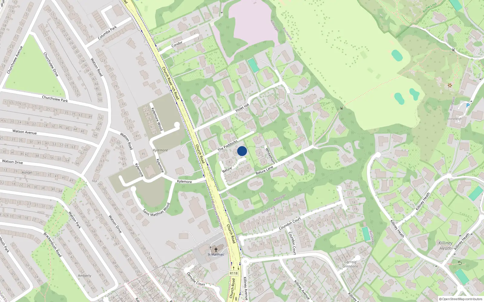 Overhead map showing the location of 5 Balure, Church Road, Killiney
