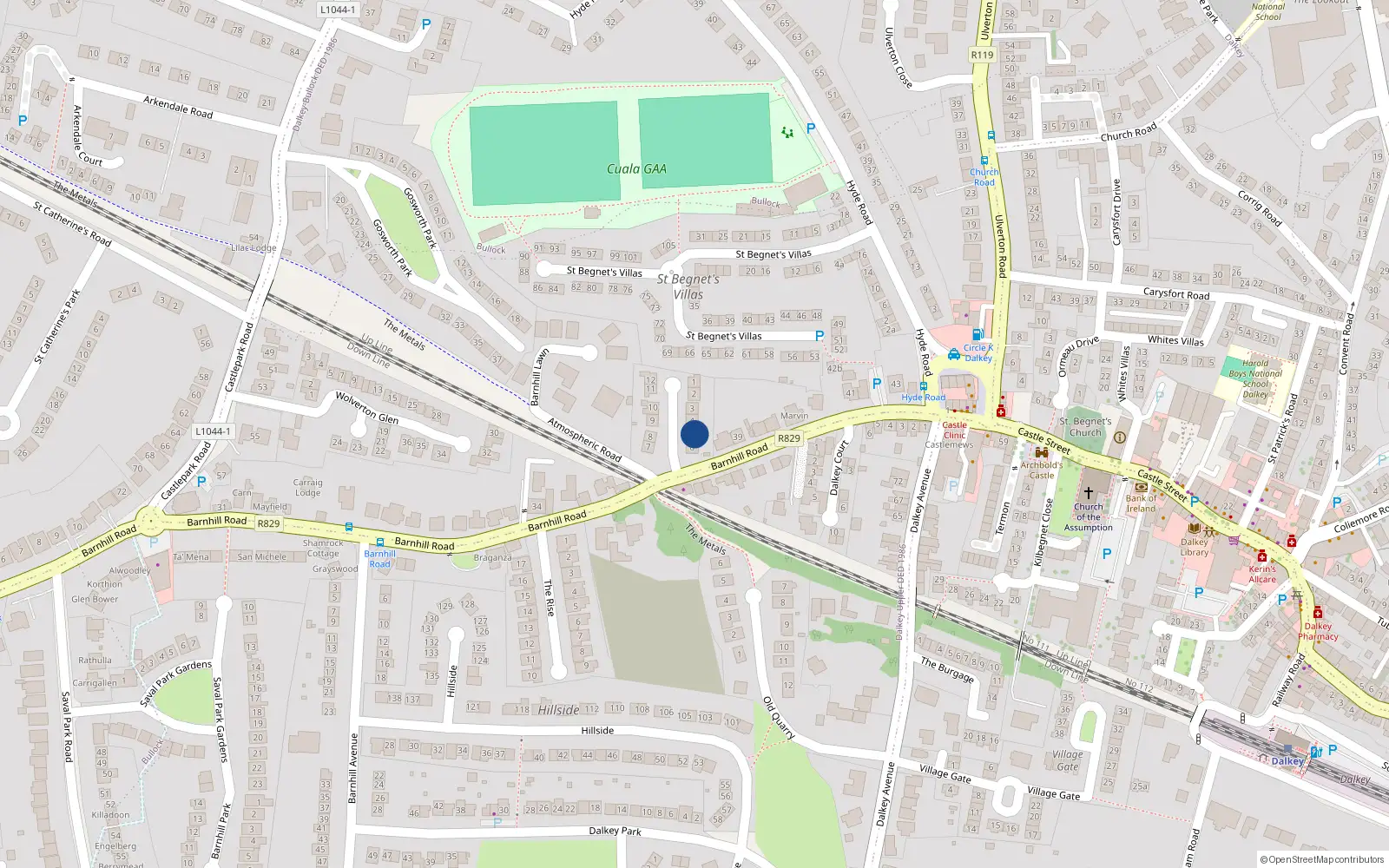 Overhead map showing the location of 5 Barnhill Grove, Dalkey