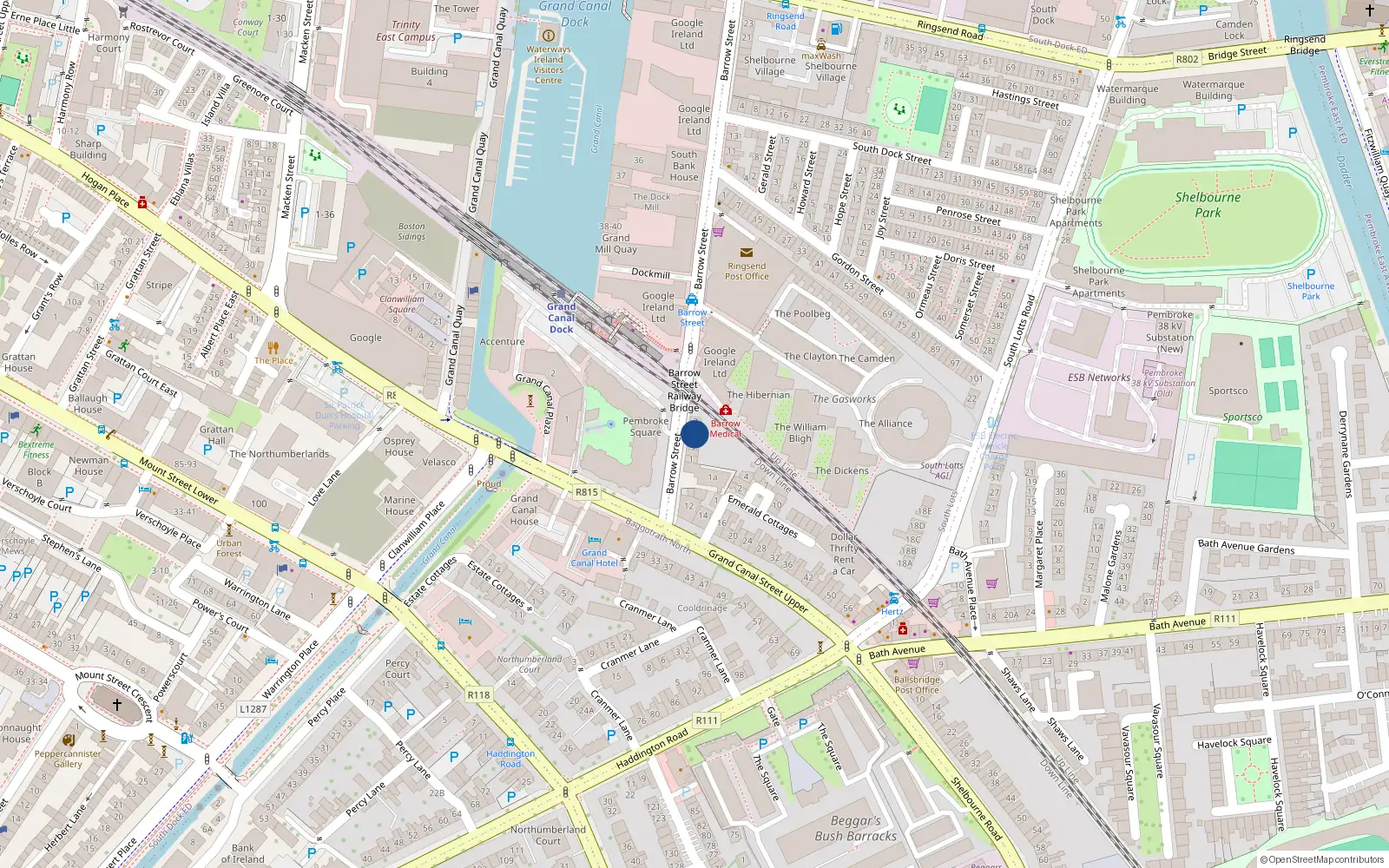 Overhead map showing the location of 5 Barrow Street, Dublin 4