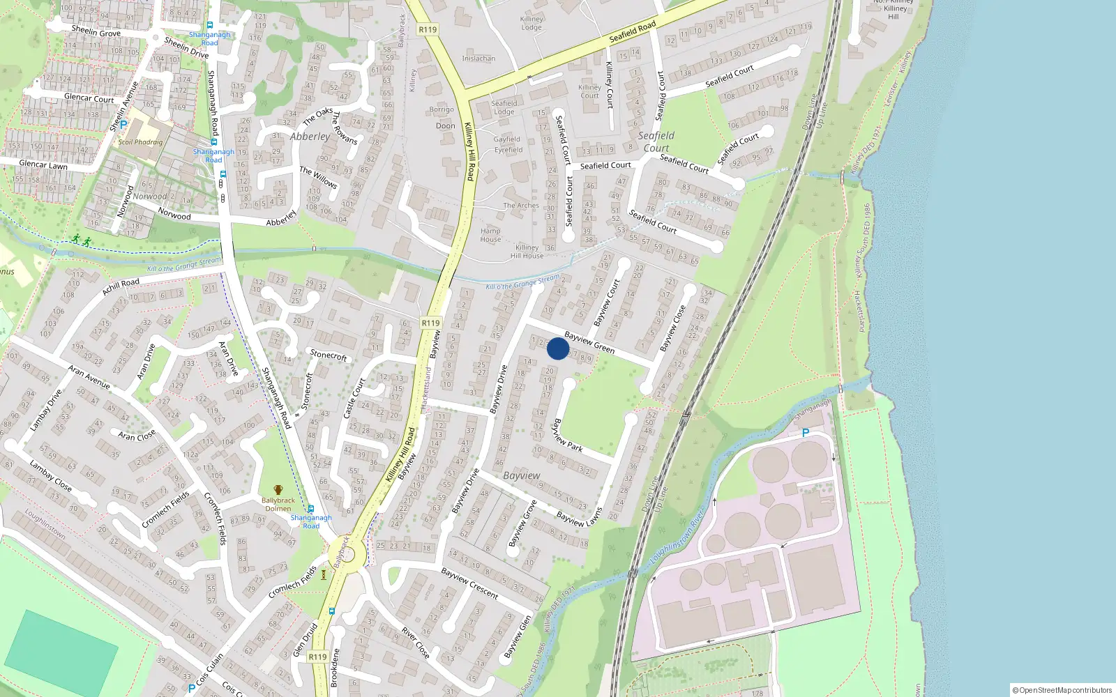 Overhead map showing the location of 5 Bayview Green, Killiney