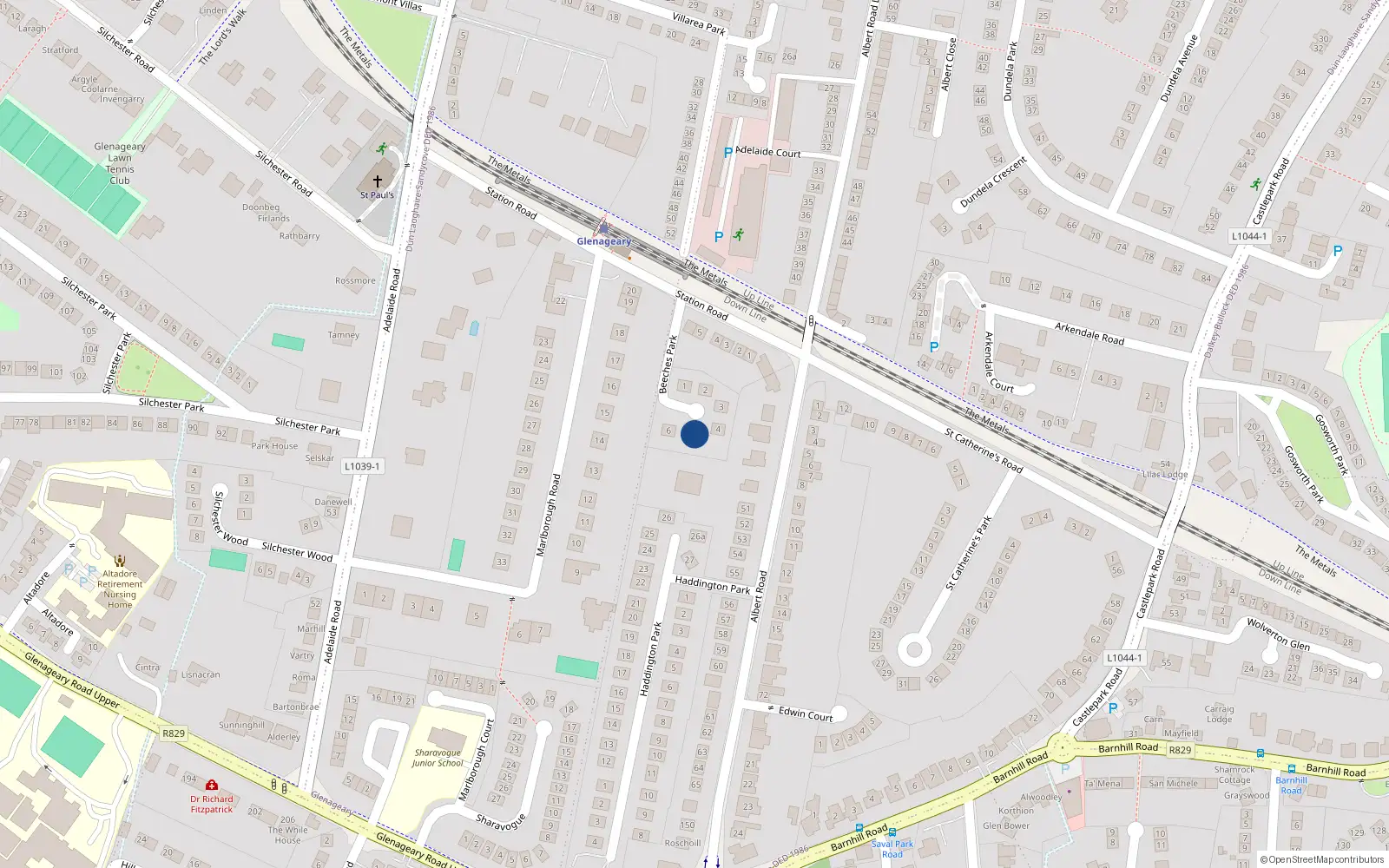 Overhead map showing the location of 5 Beeches Park, Glenageary, Dublin