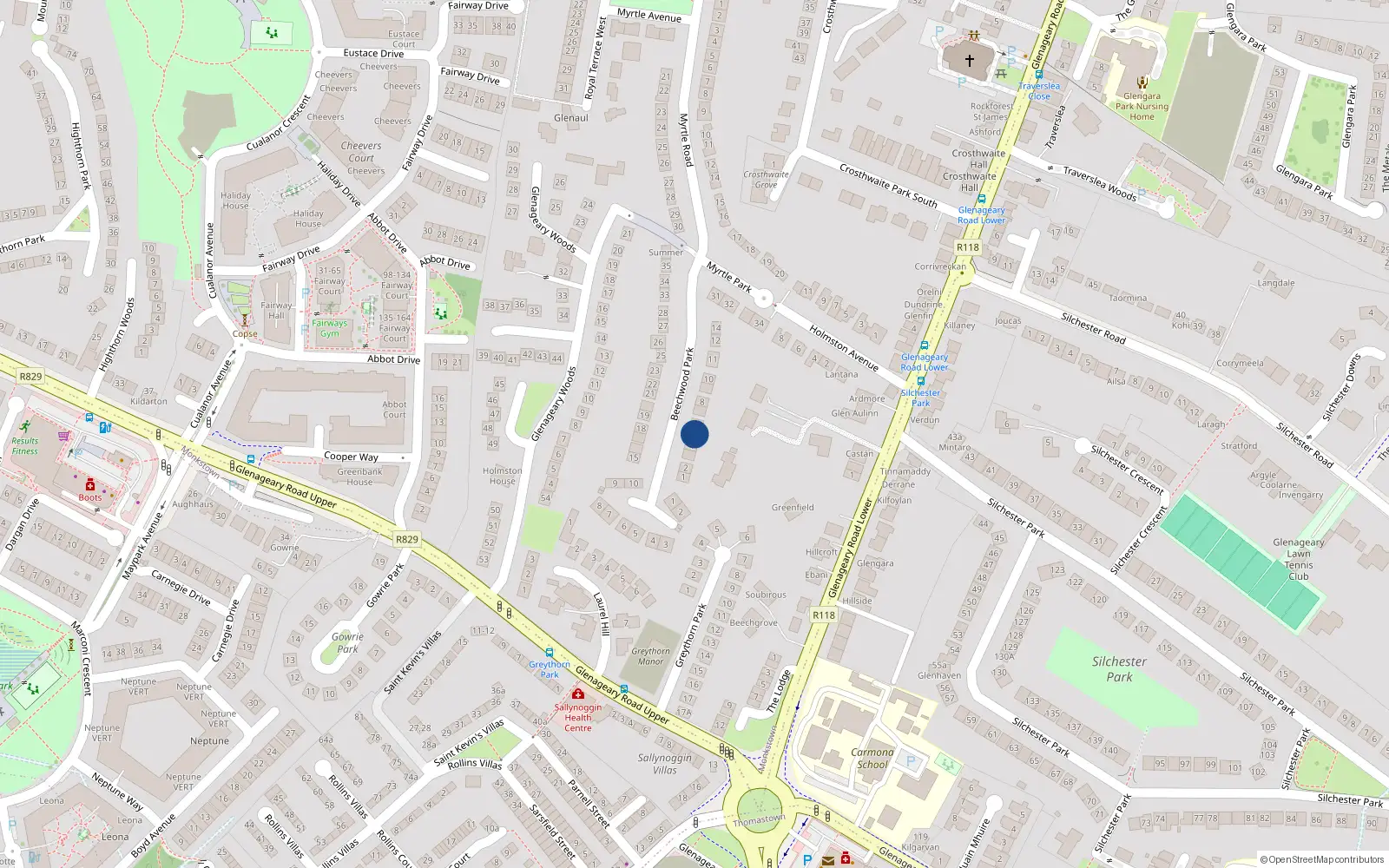 Overhead map showing the location of 5 Beechwood Park, Dublin 5