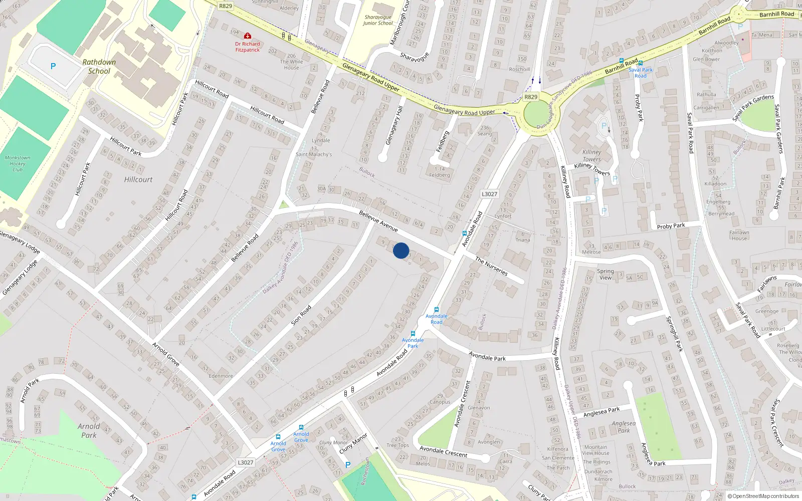 Overhead map showing the location of 5 Bellevue Avenue, Dublin