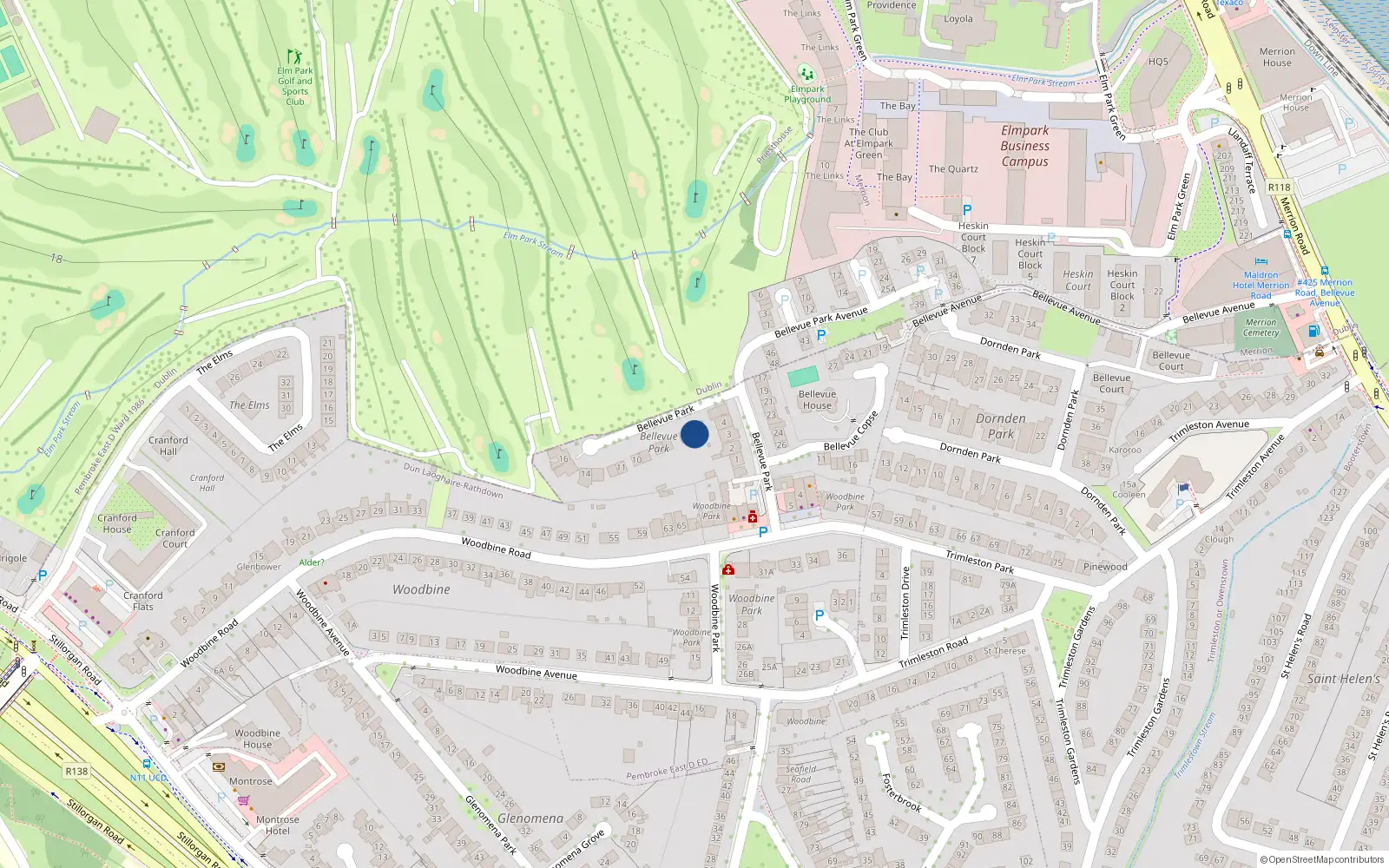 Overhead map showing the location of 5 Bellevue Park, Blackrock