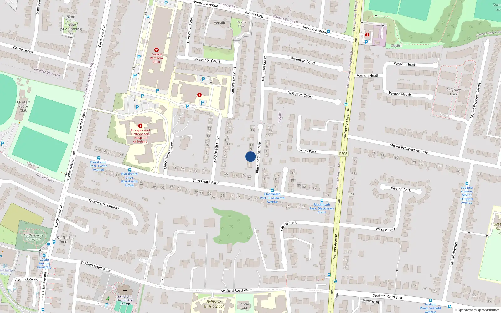 Overhead map showing the location of 5 Blackheath Avenue, Clontarf, Dublin 3