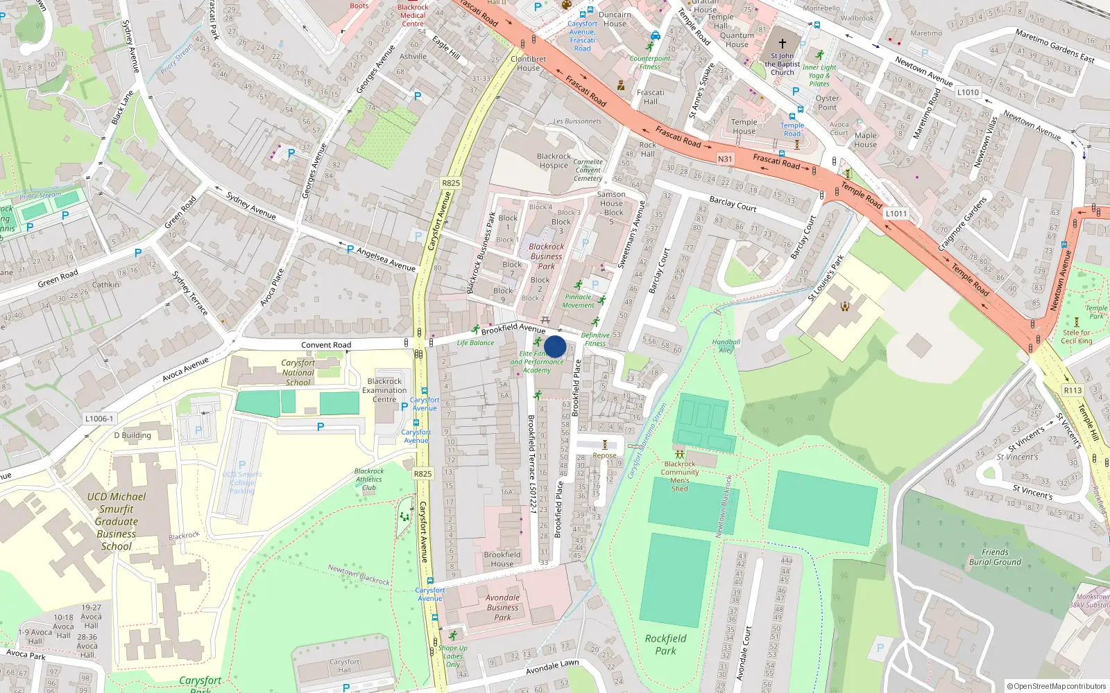 Overhead map showing the location of 5 Brookfield Avenue, Blackrock, Dublin