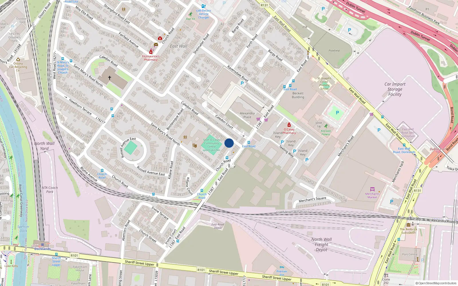Overhead map showing the location of 5 Caledon Road, East Wall, Dublin