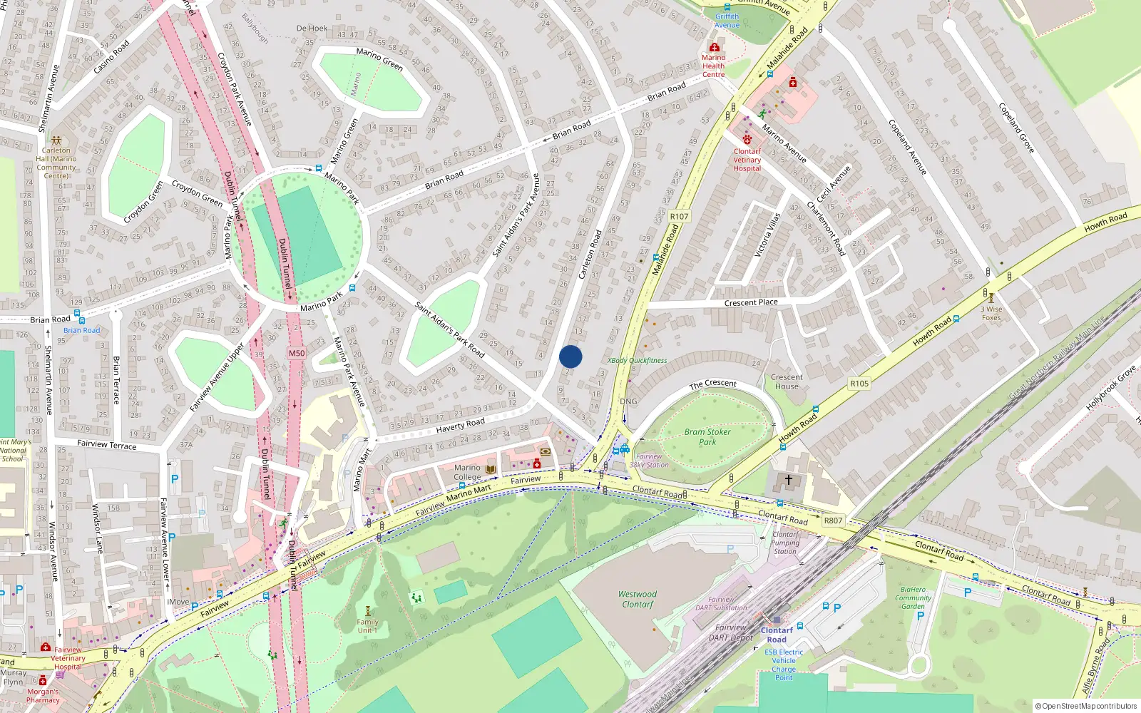 Overhead map showing the location of 5 Carleton Road, Dublin 3