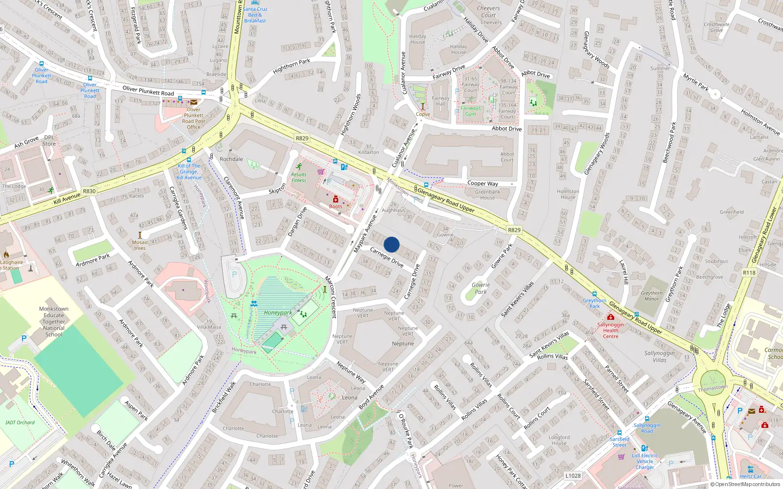 Overhead map showing the location of 5 Carnegie Drive, Dun Laoghaire