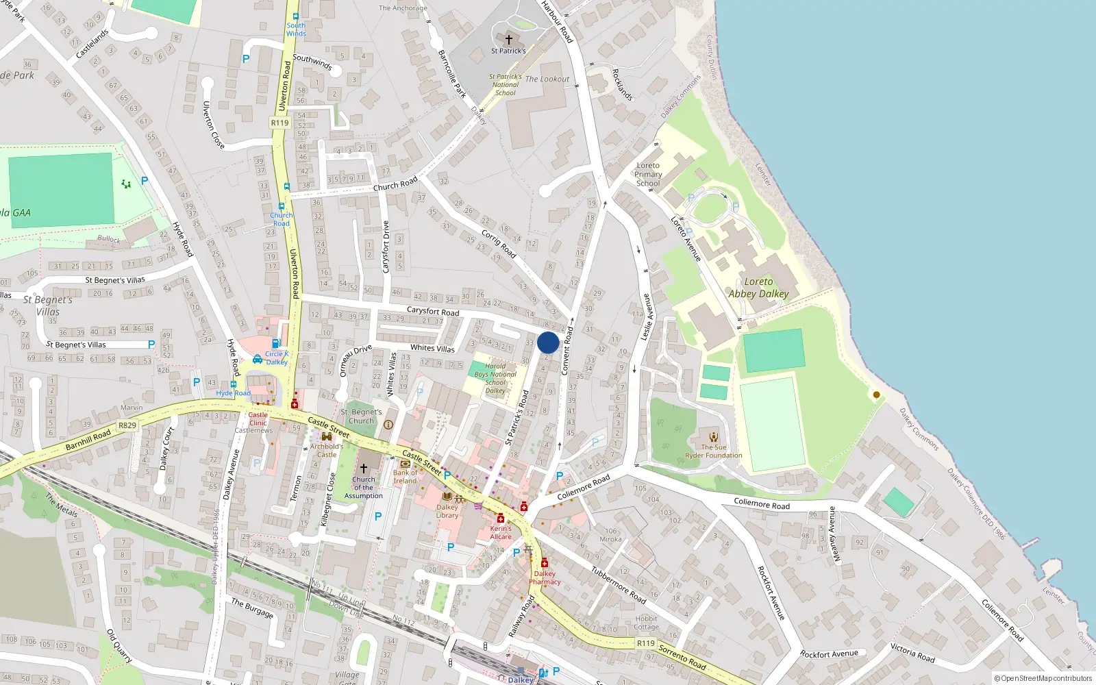 Overhead map showing the location of 5 Carysfort Road, Dalkey