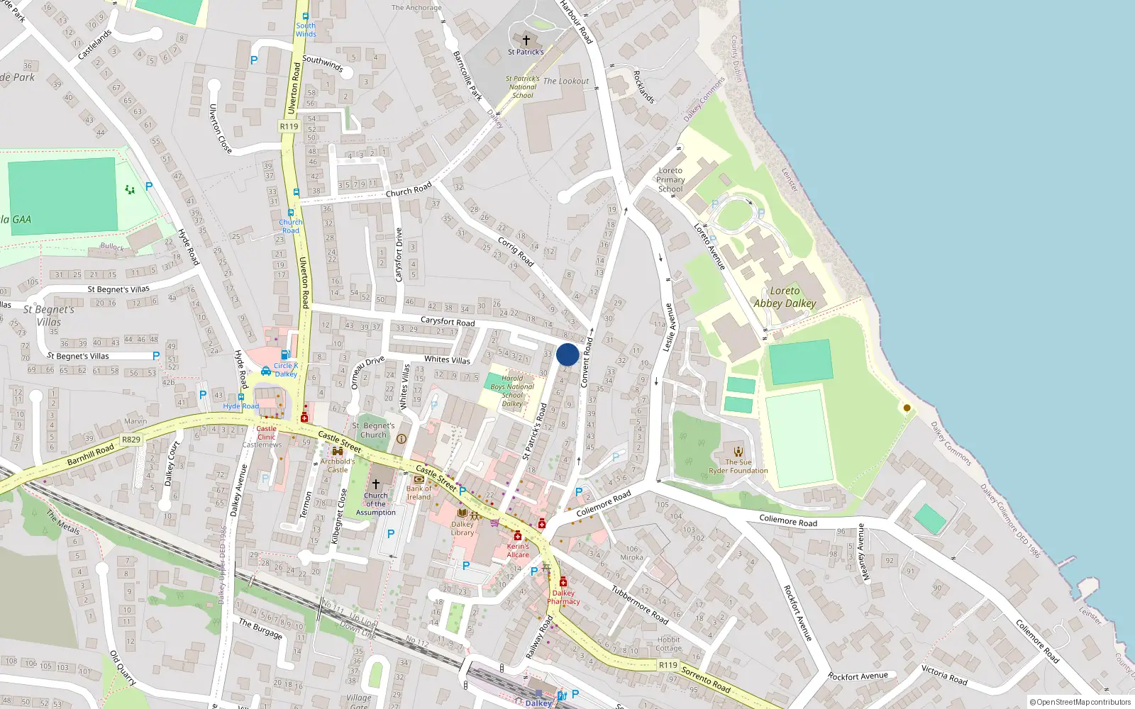 Overhead map showing the location of 5 Carysfort Road, Dalkey, Dublin