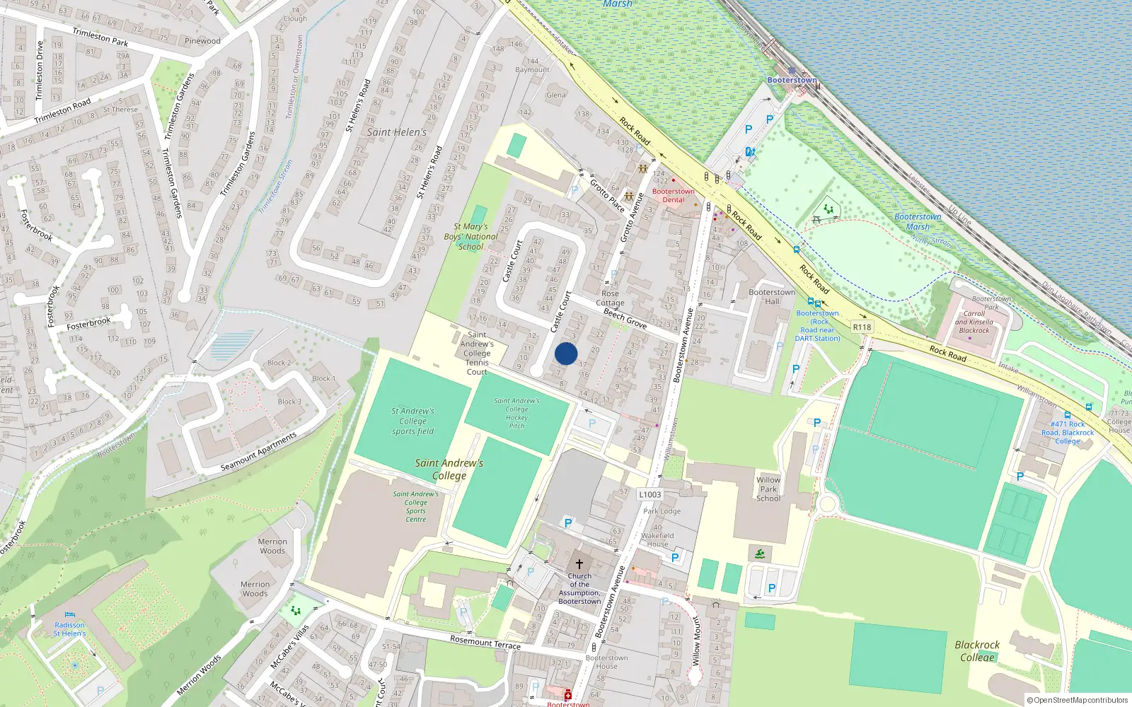 Overhead map showing the location of 5 Castle Court, Booterstown