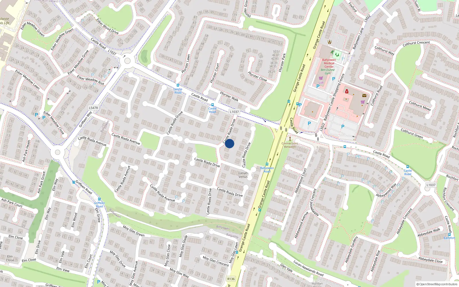 Overhead map showing the location of 5 Castle Riada Drive, Lucan, Co Dublin