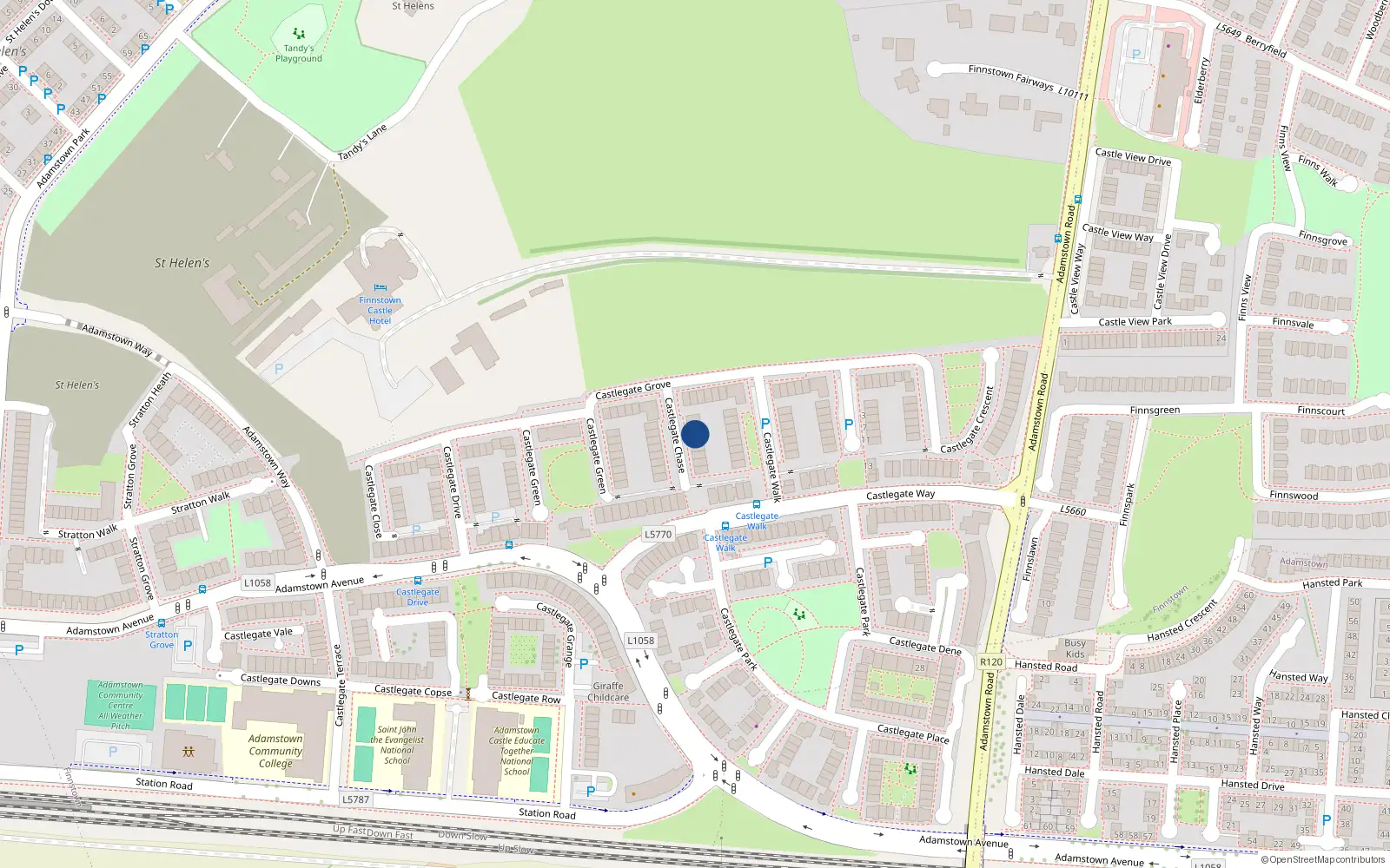 Overhead map showing the location of 5 Castlegate Chase, Adamstown Castle, Lucan
