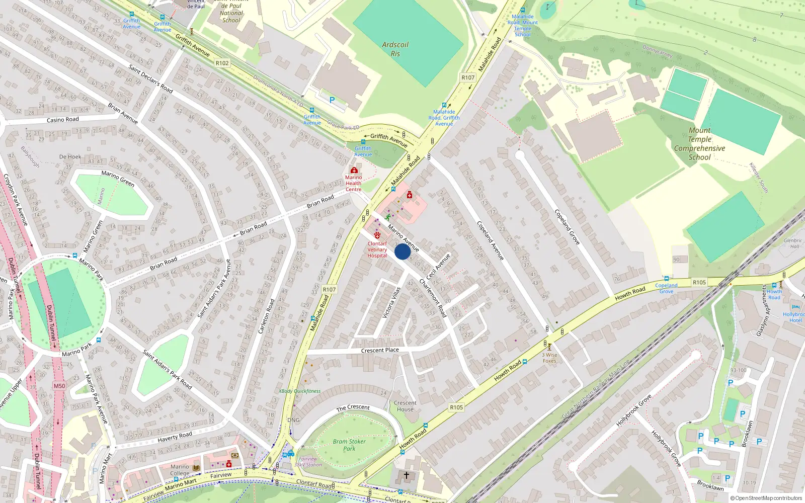 Overhead map showing the location of 5 Charlemont Road, Dublin 3