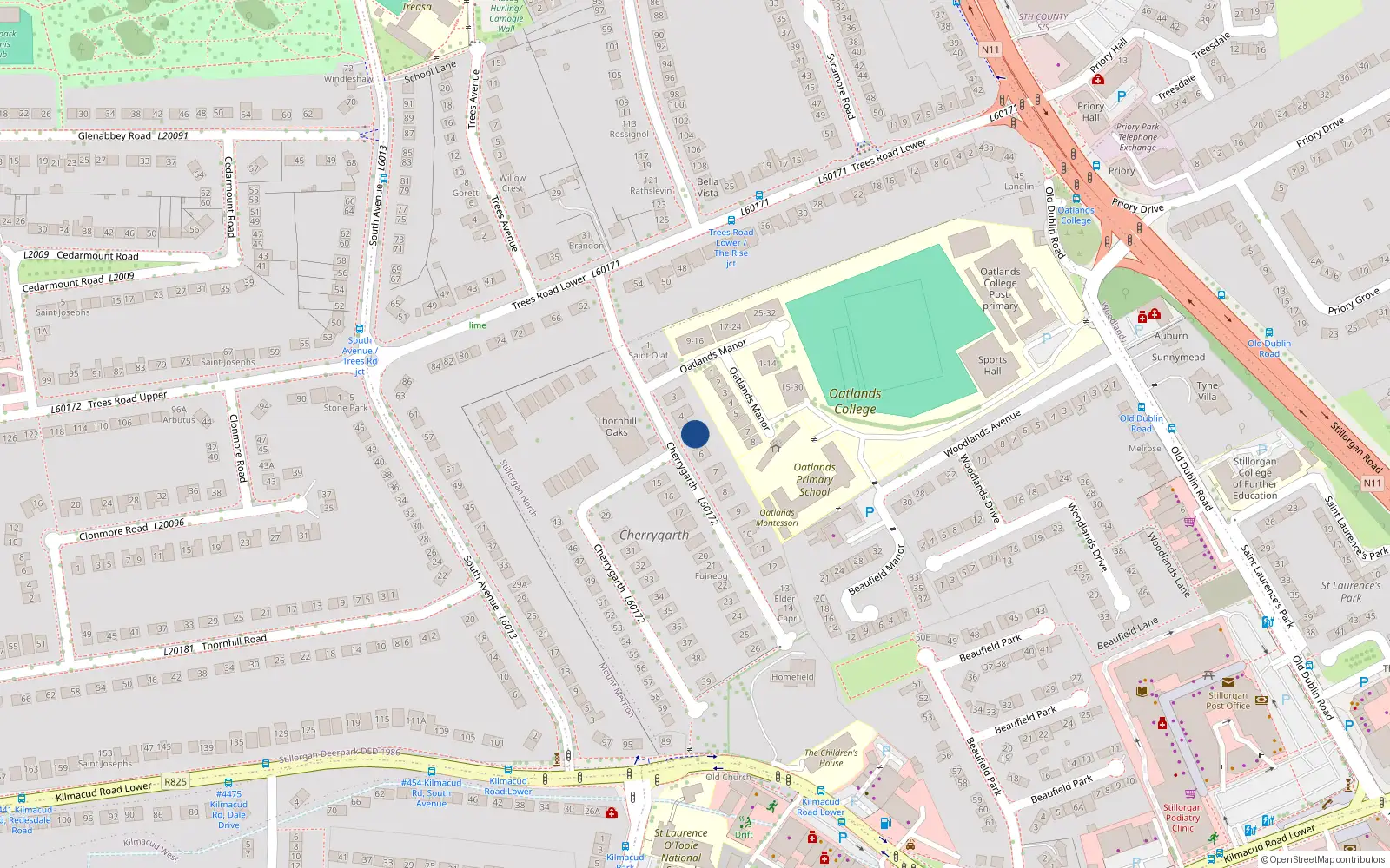 Overhead map showing the location of 5 Cherrhgarth, Mount Merrion, Dublin