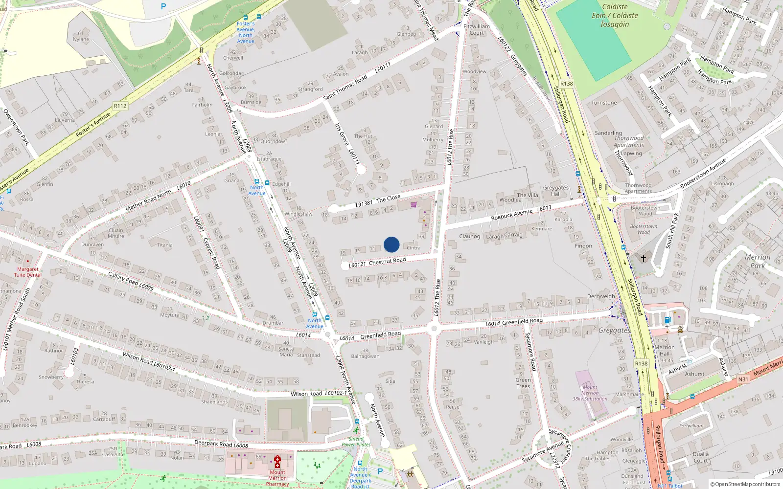 Overhead map showing the location of 5 Chestnut Road, Dublin