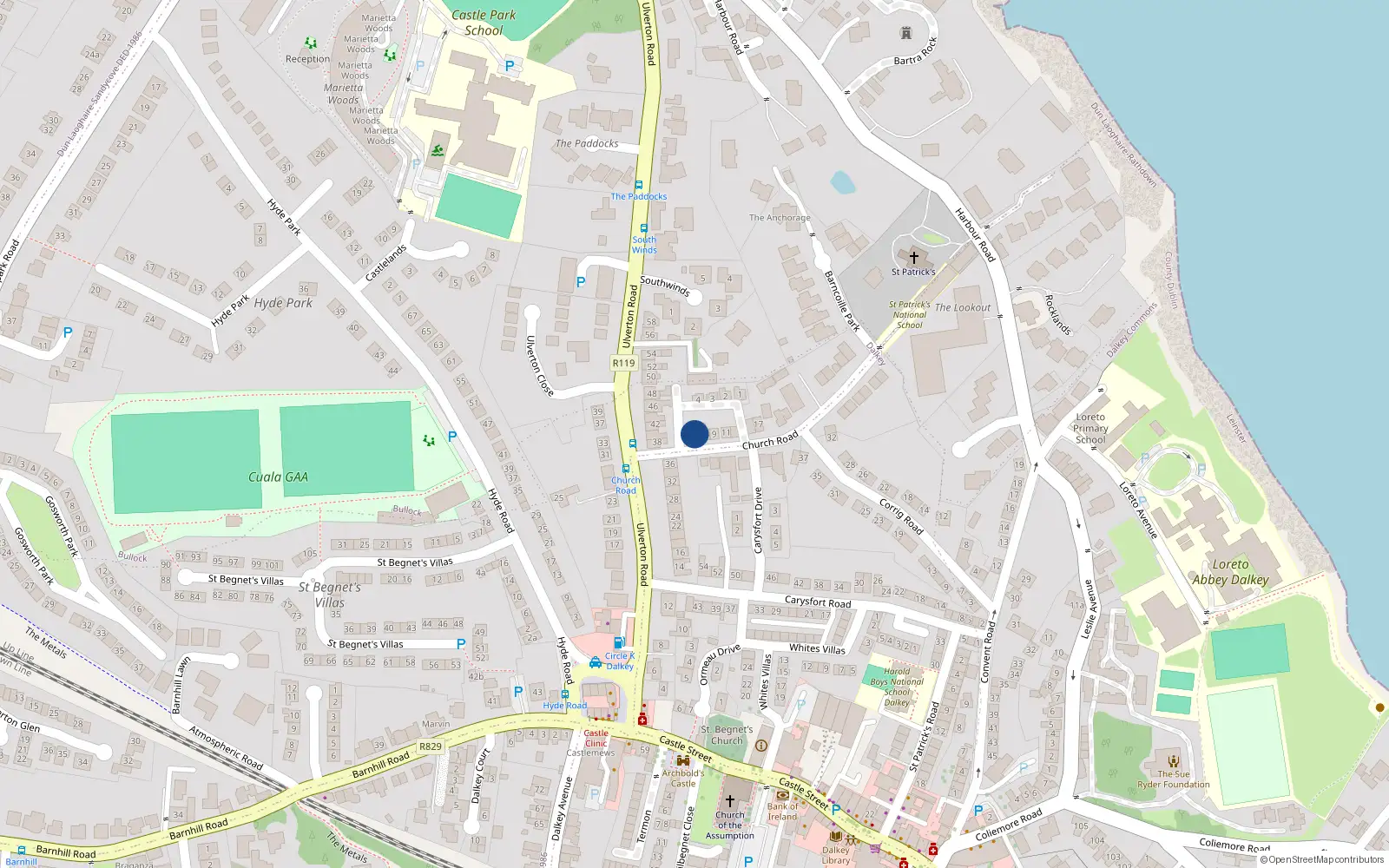 Overhead map showing the location of 5 Church Road, Dalkey
