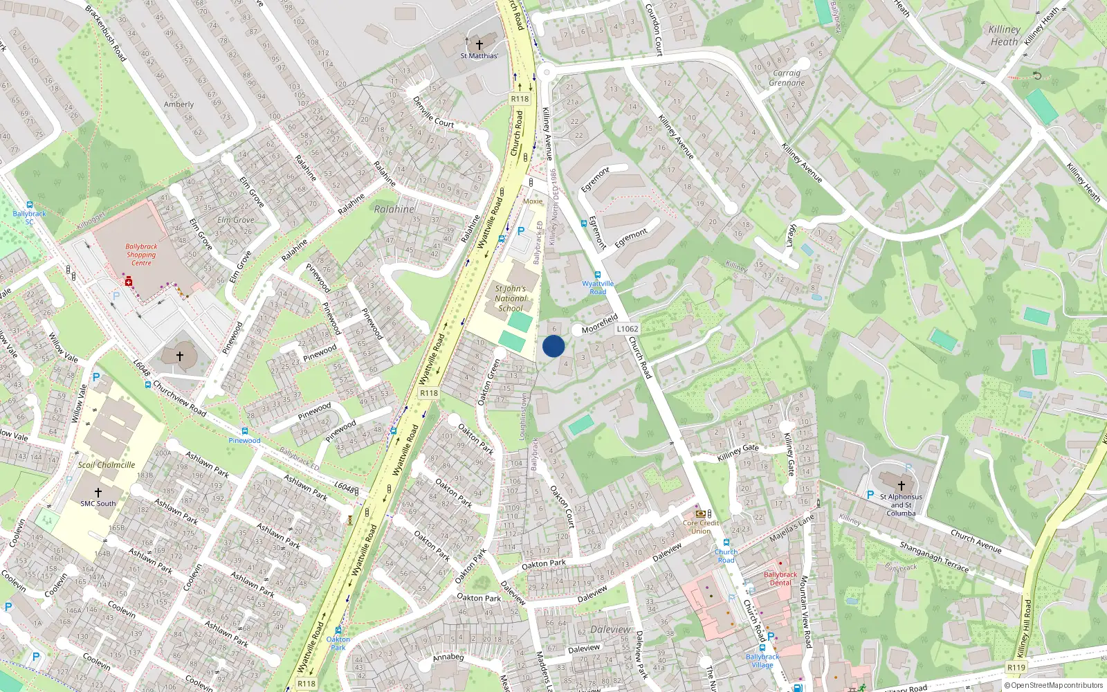 Overhead map showing the location of 5 Church Road, Killiney