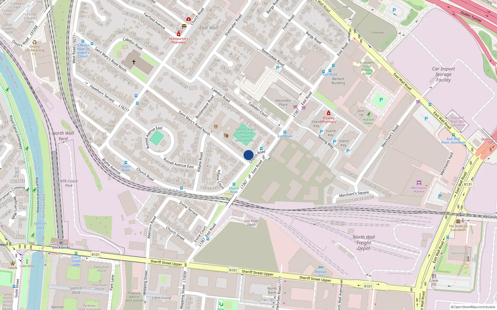 Overhead map showing the location of 5 Church Road, East Wall, Dublin 3