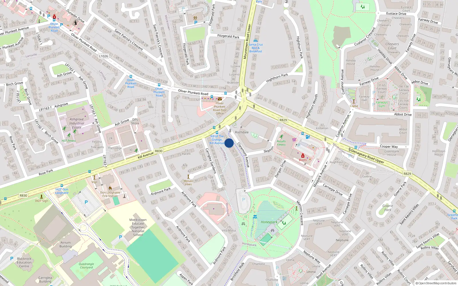 Overhead map showing the location of 5 Claremont Avenue, Dun Laoghaire