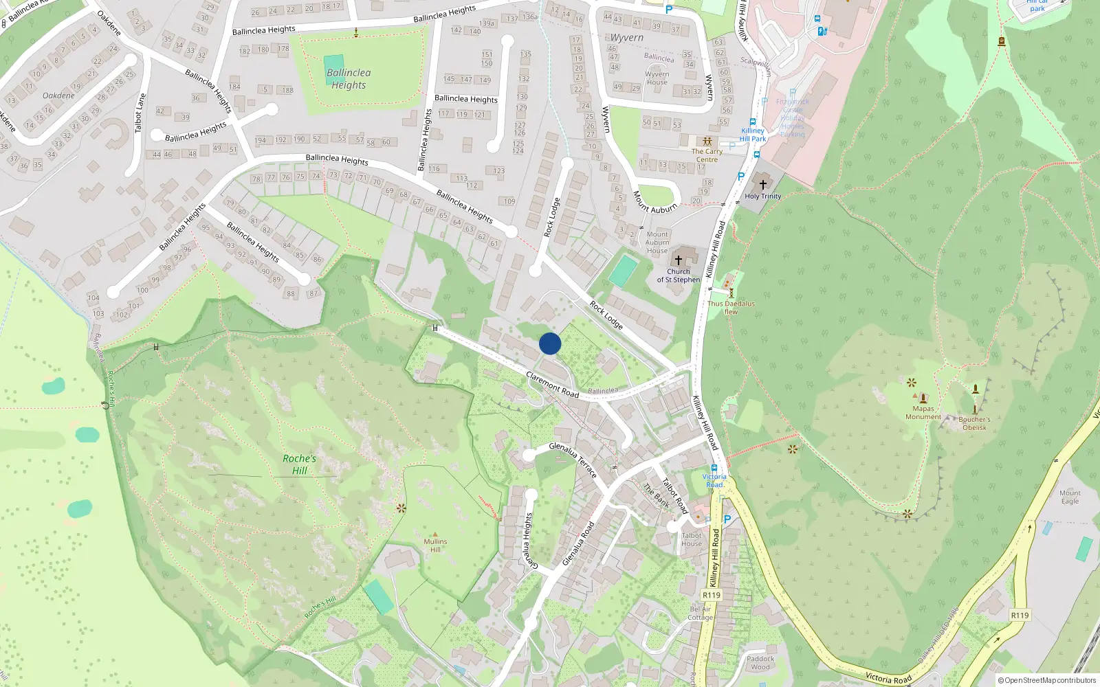 Overhead map showing the location of 5 Claremont Road, Carrickmines