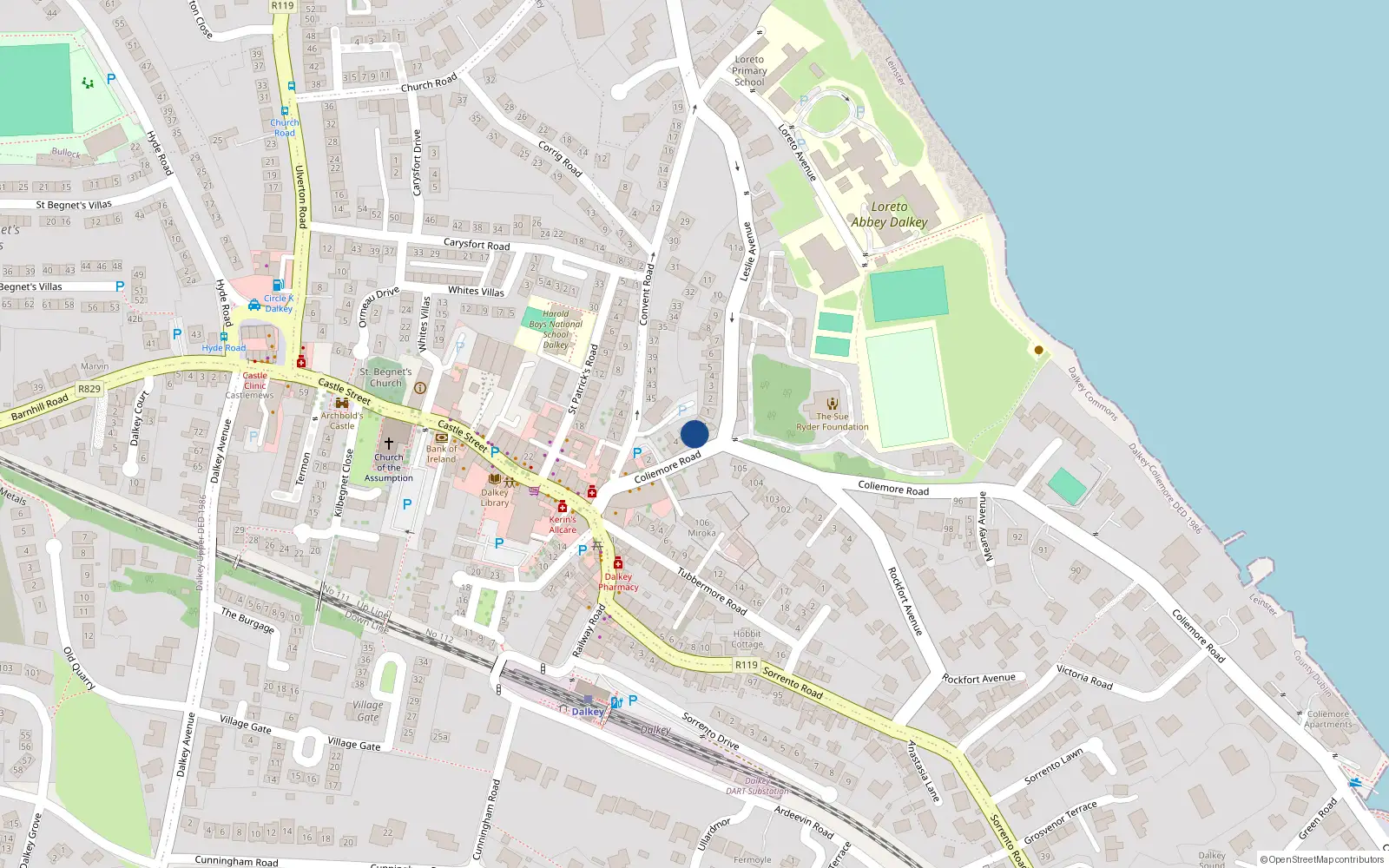 Overhead map showing the location of 5 Coliemore Road, Dalkey