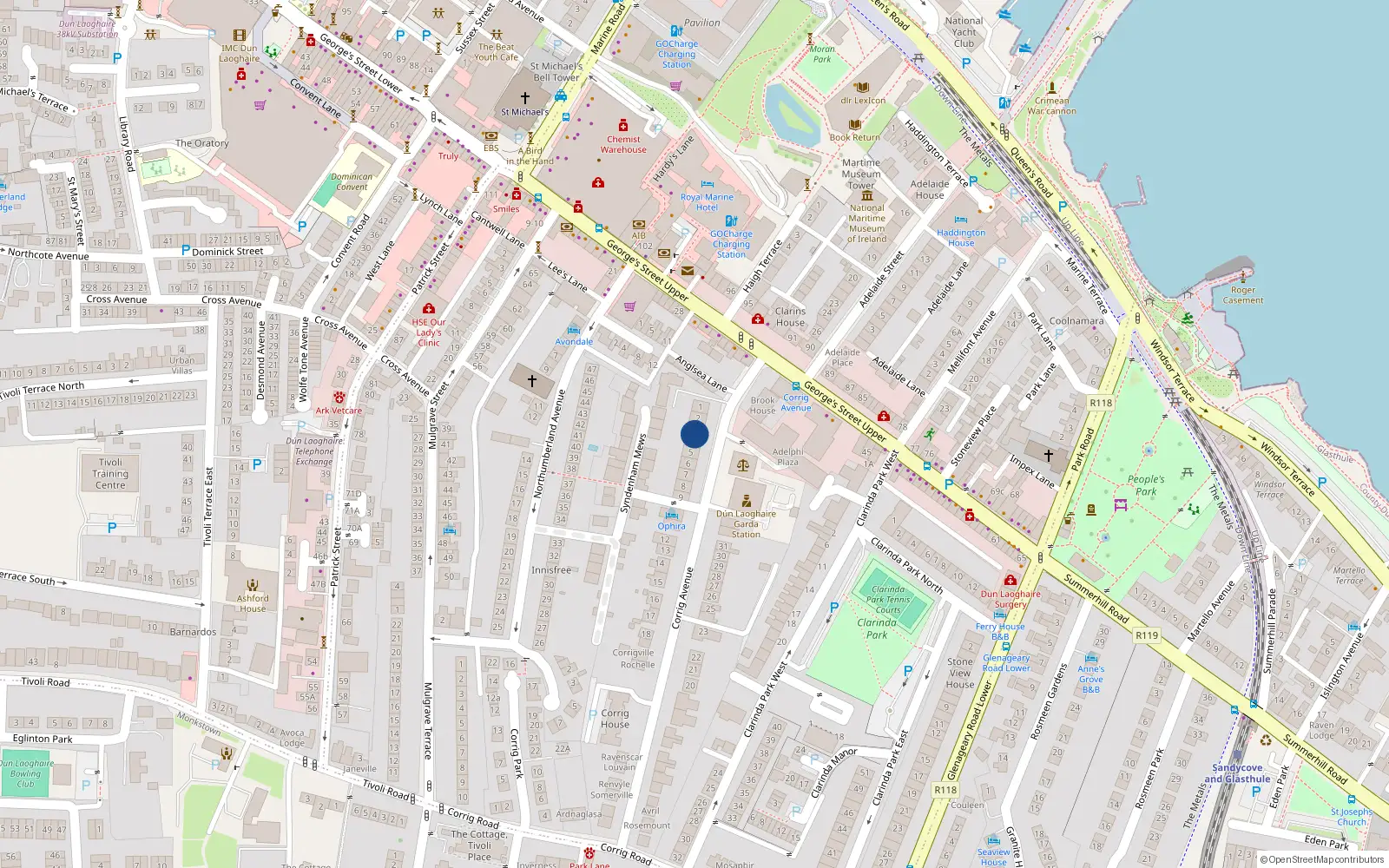 Overhead map showing the location of 5 Corrig Avenue, Dun Laoghaire