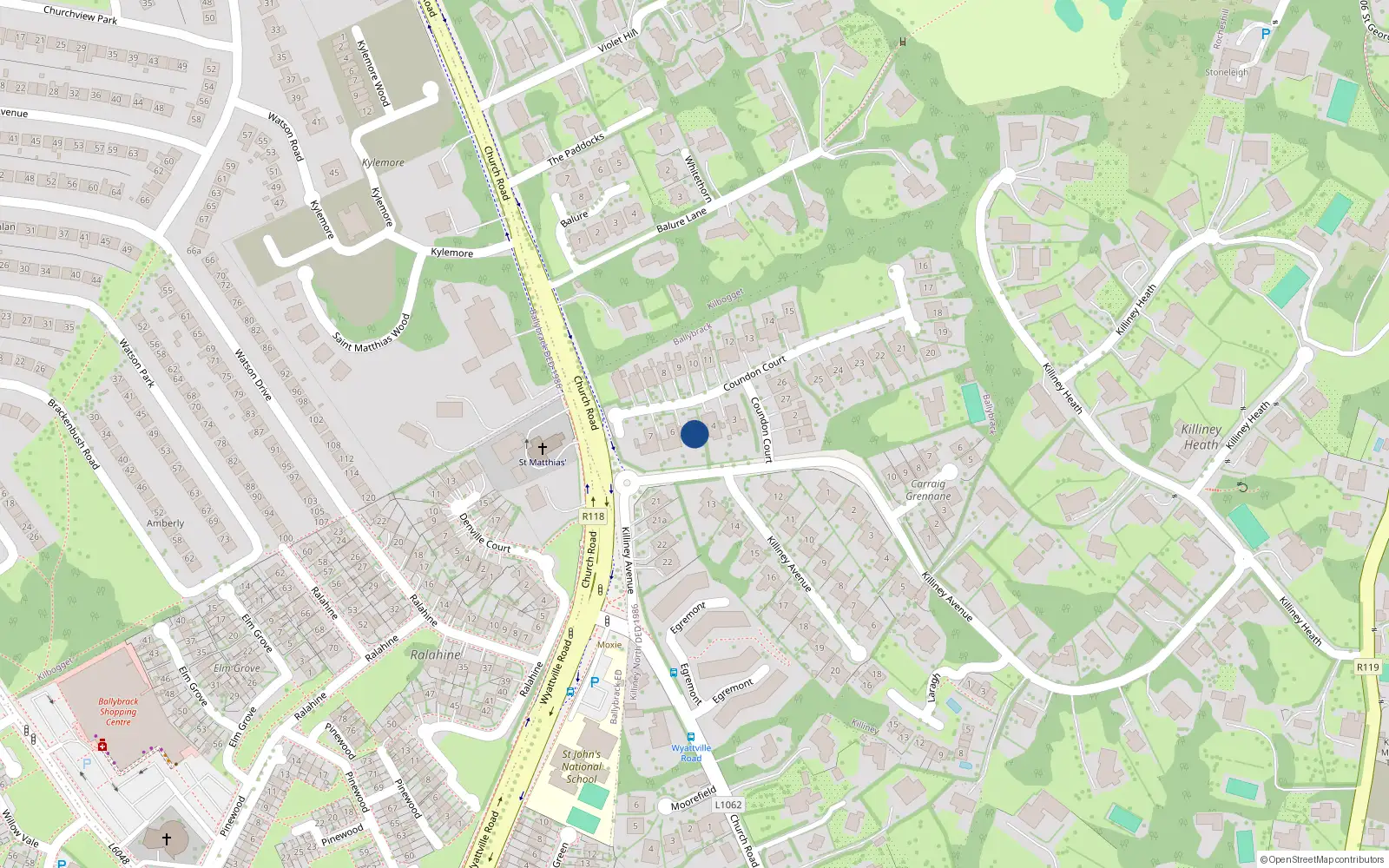 Overhead map showing the location of 5 Coundon Court, Killiney