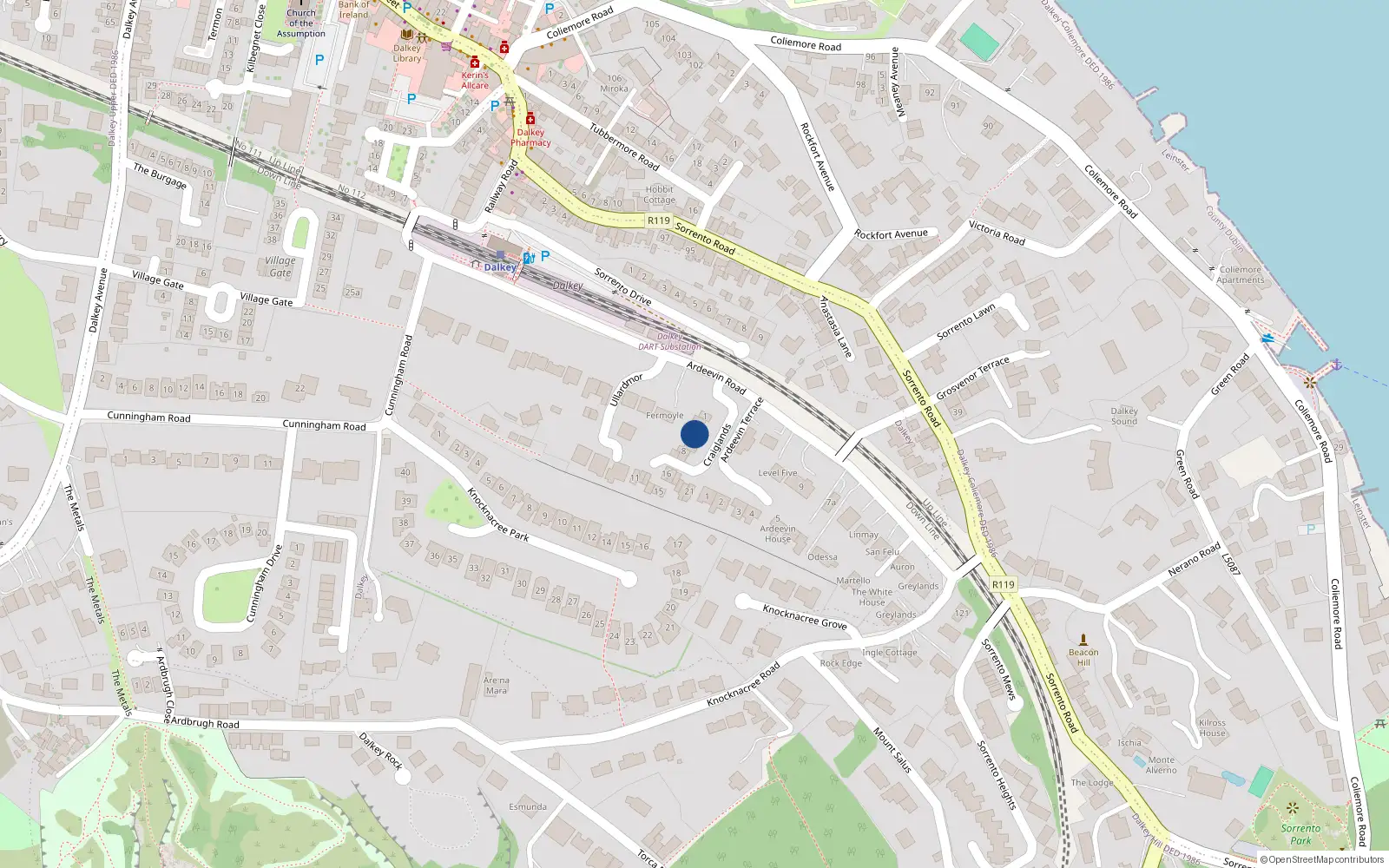 Overhead map showing the location of 5 Craiglands, Dalkey