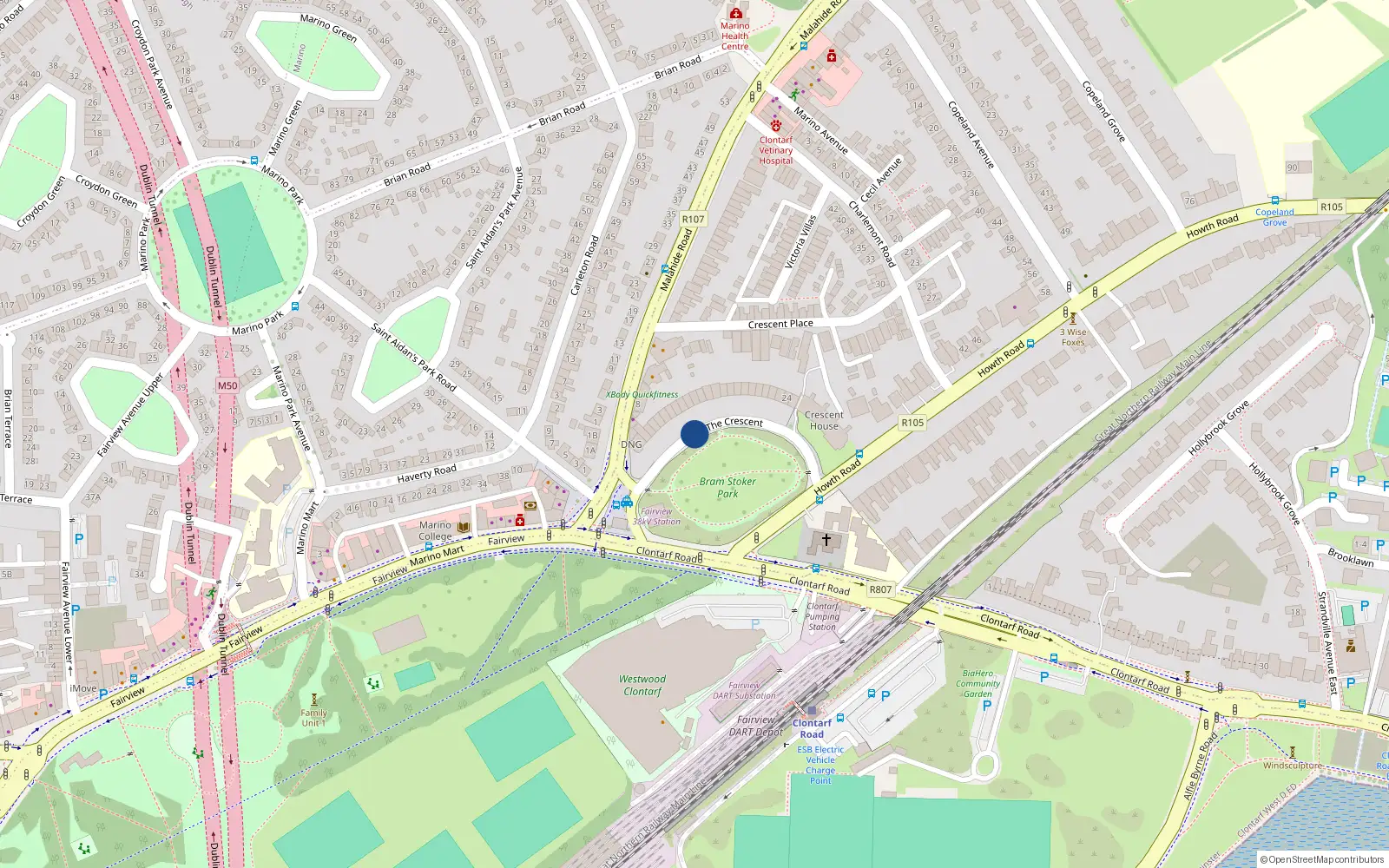 Overhead map showing the location of 5 Crescent House, Marino Crescent, Dublin 3