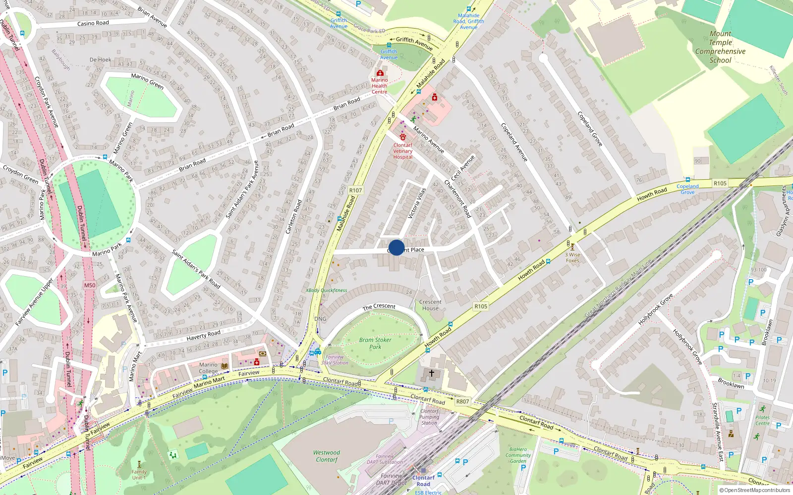 Overhead map showing the location of 5 Crescent Place, Clontarf, Dublin 3