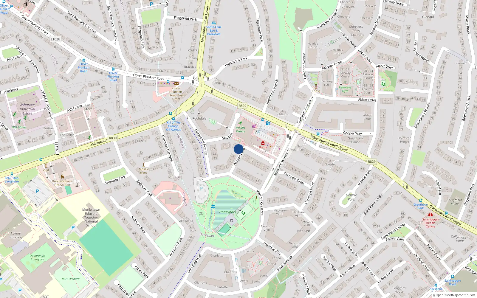 Overhead map showing the location of 5 Dargan Drive, Honeypark, Dun Laoghaire
