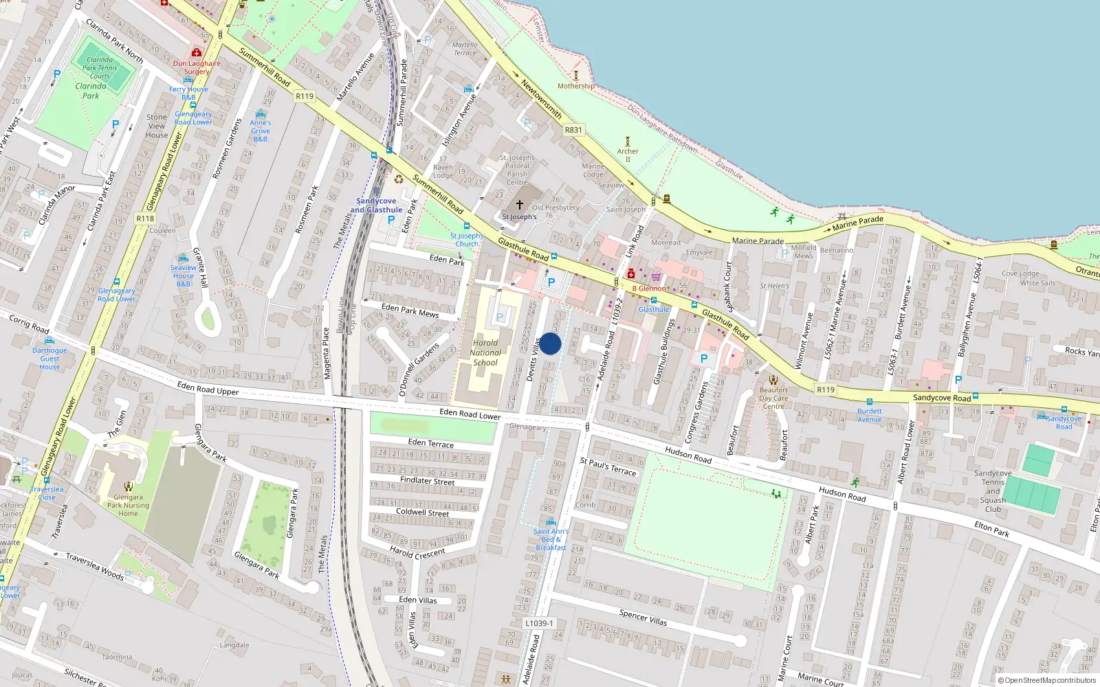 Overhead map showing the location of 5 Davitt Villas, Glasthule, Dublin