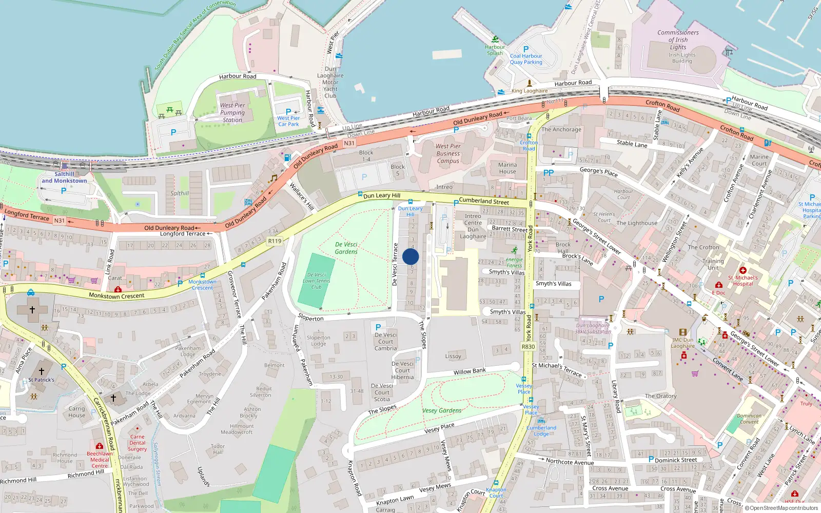 Overhead map showing the location of 5 de Vesci Terrace, Dun Laoghaire, Dublin