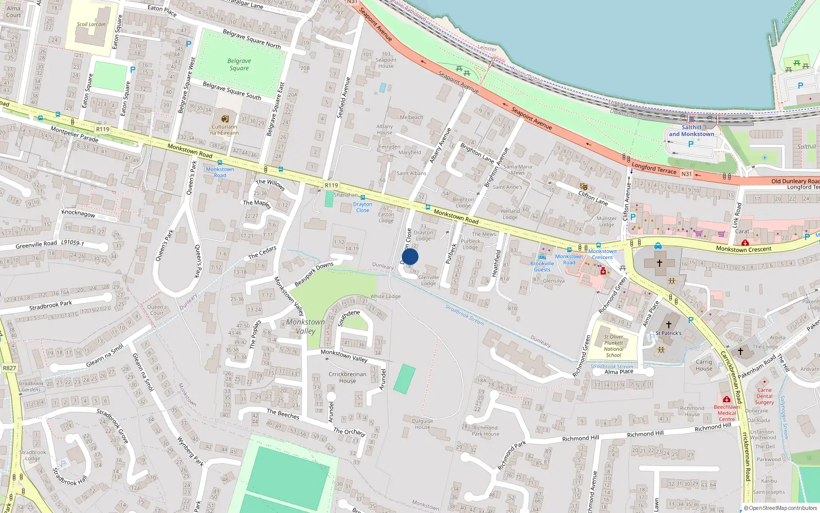 Overhead map showing the location of 5 Drayton Close, Monkstown, Dublin