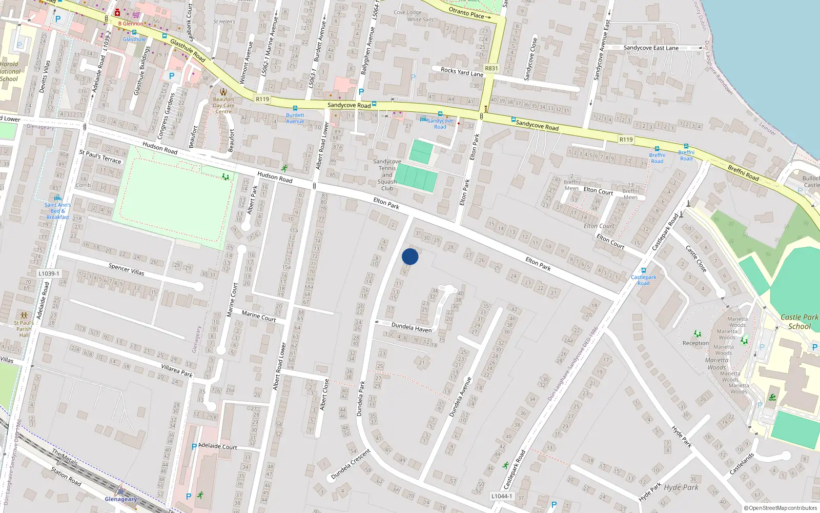 Overhead map showing the location of 5 Dundela Park, Dublin
