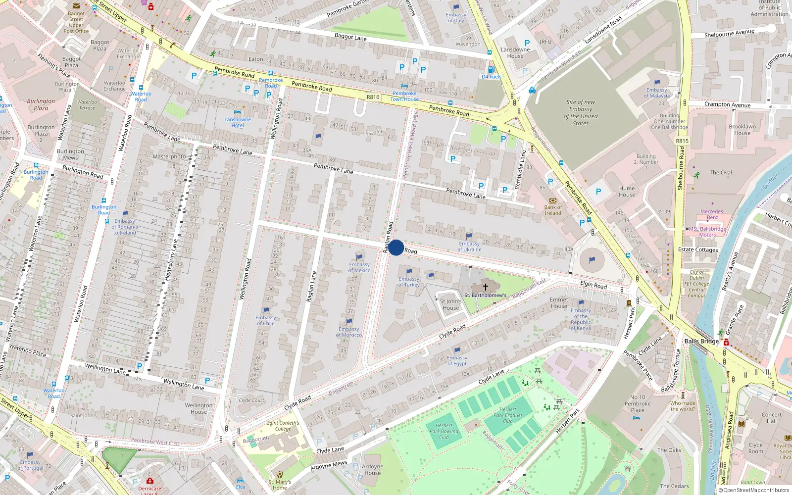 Overhead map showing the location of 5 Elgin Road, Dublin 4