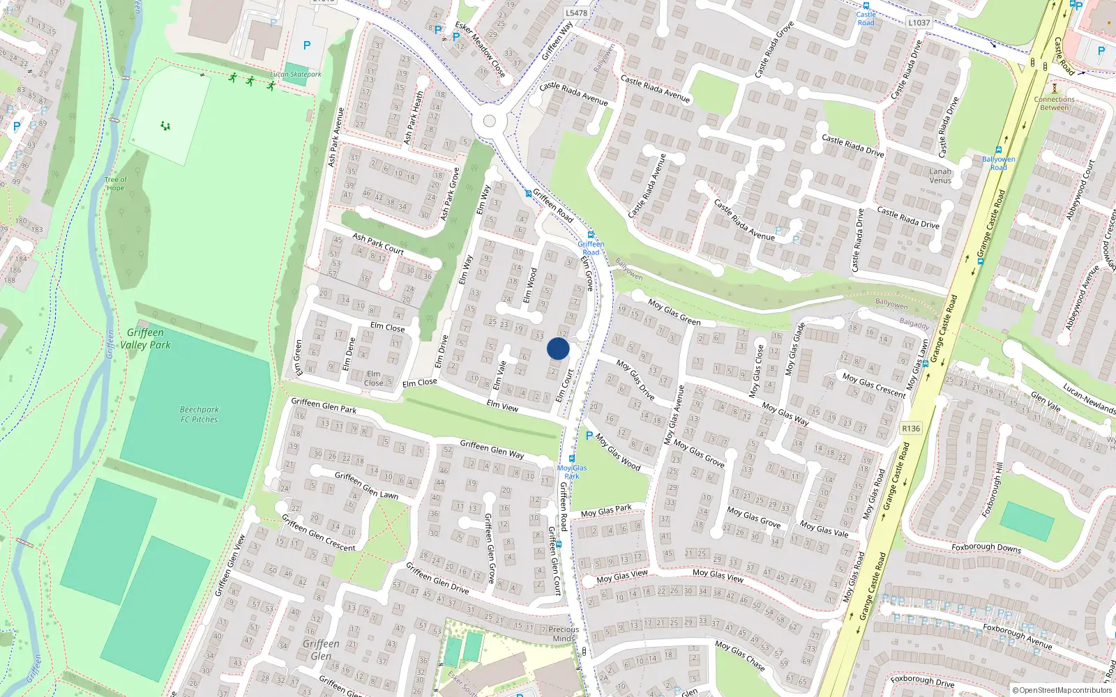 Overhead map showing the location of 5 Elm Court, Lucan