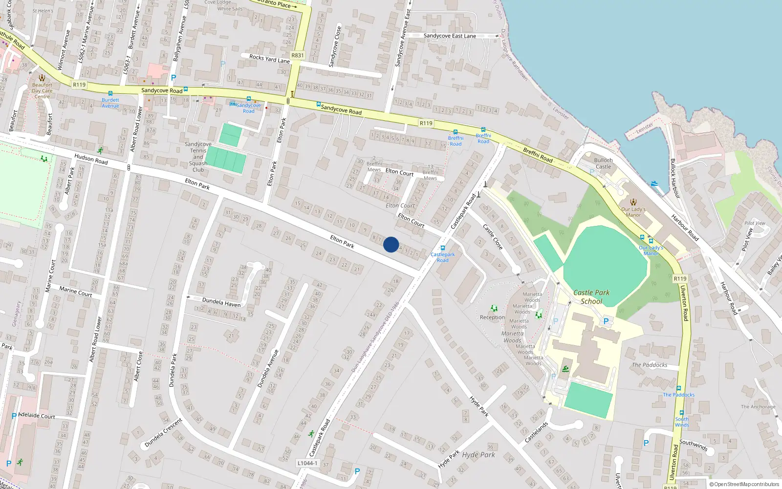 Overhead map showing the location of 5 Elton Park, Sandycove, Dublin