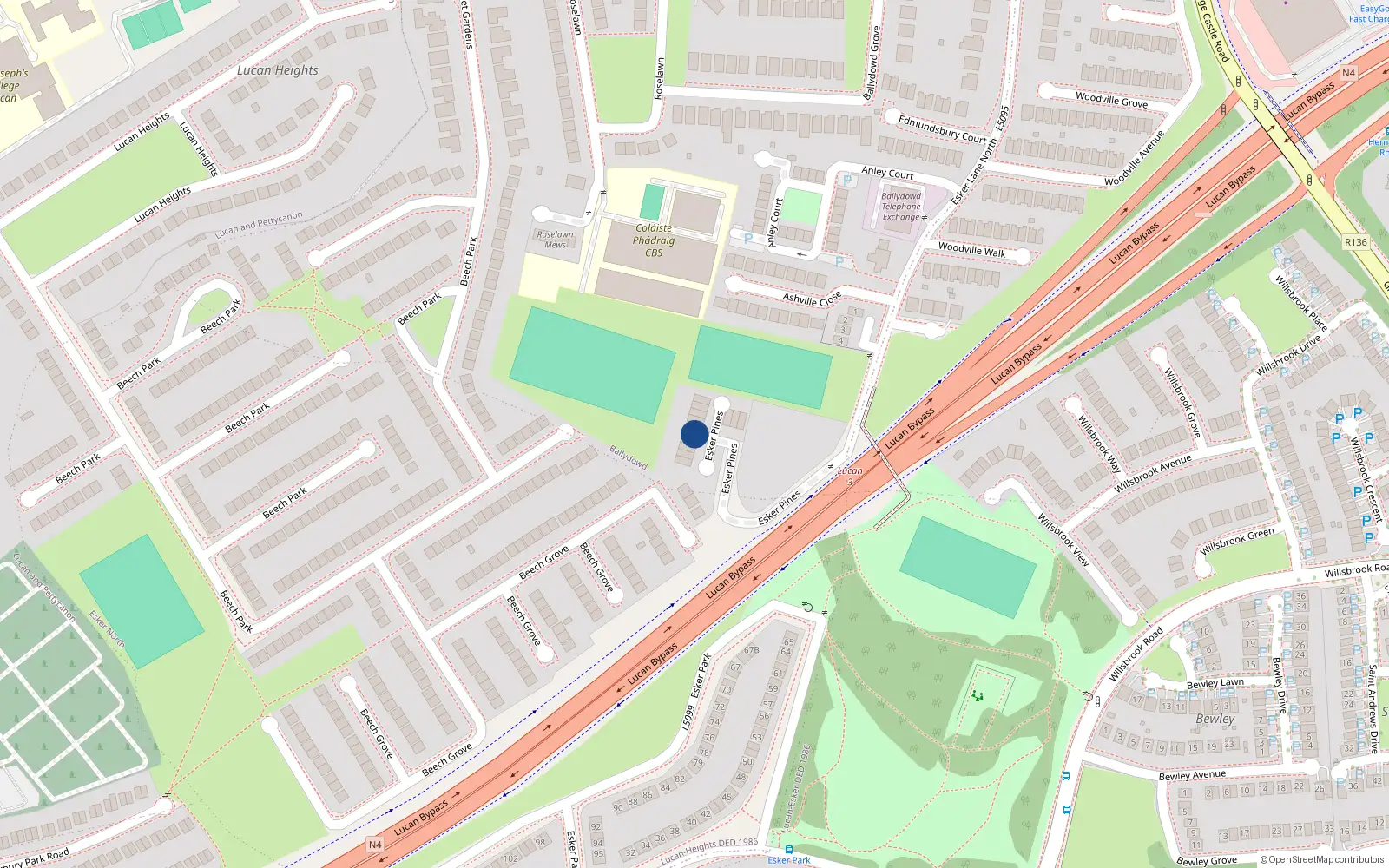 Overhead map showing the location of 5 Esker Pines, Lucan, Dublin