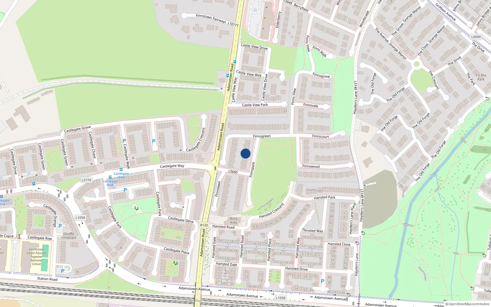 Overhead map showing the location of 5 Finns Park, Finns Town, Lucan