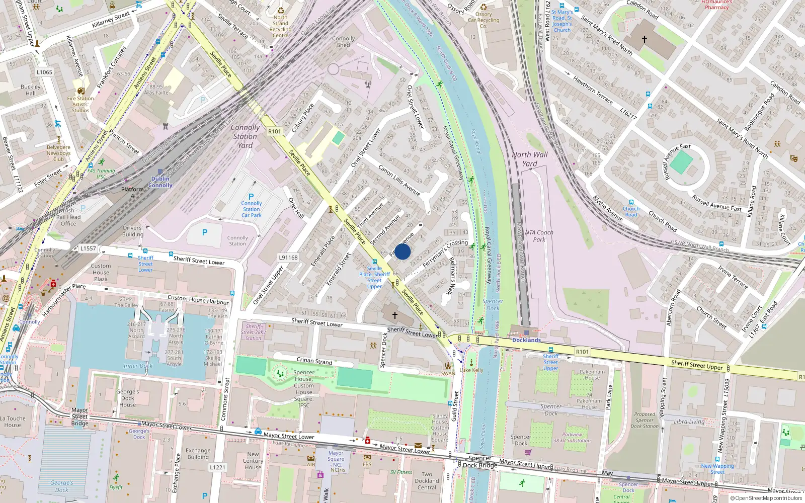Overhead map showing the location of 5 First Avenue, Seville Place, Dublin 1