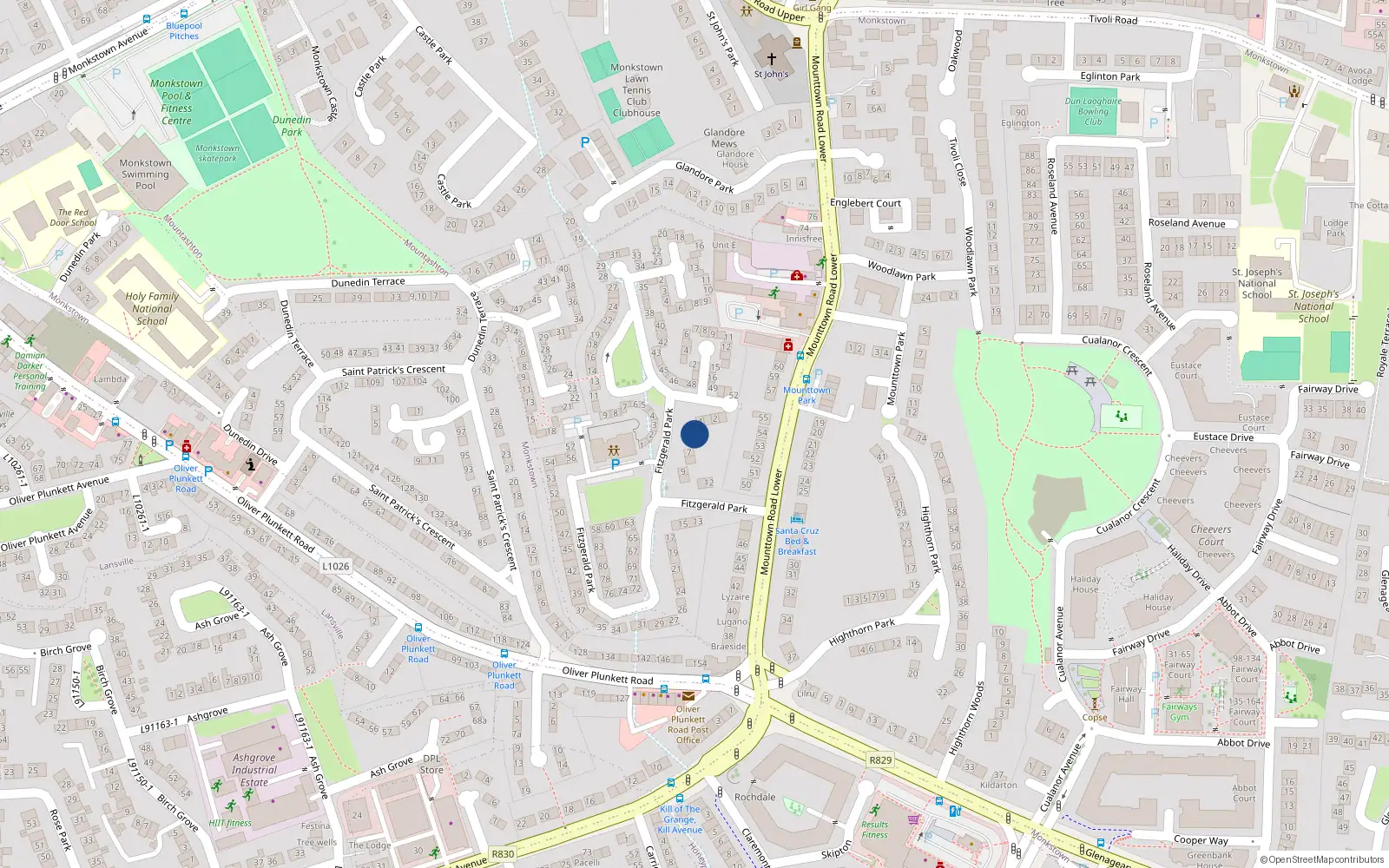 Overhead map showing the location of 5 Fitzgerald Park, Dun Laoghaire