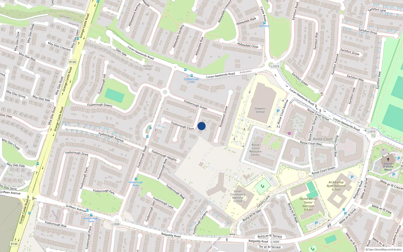 Overhead map showing the location of 5 Foxborough Close, Lucan, Dublin