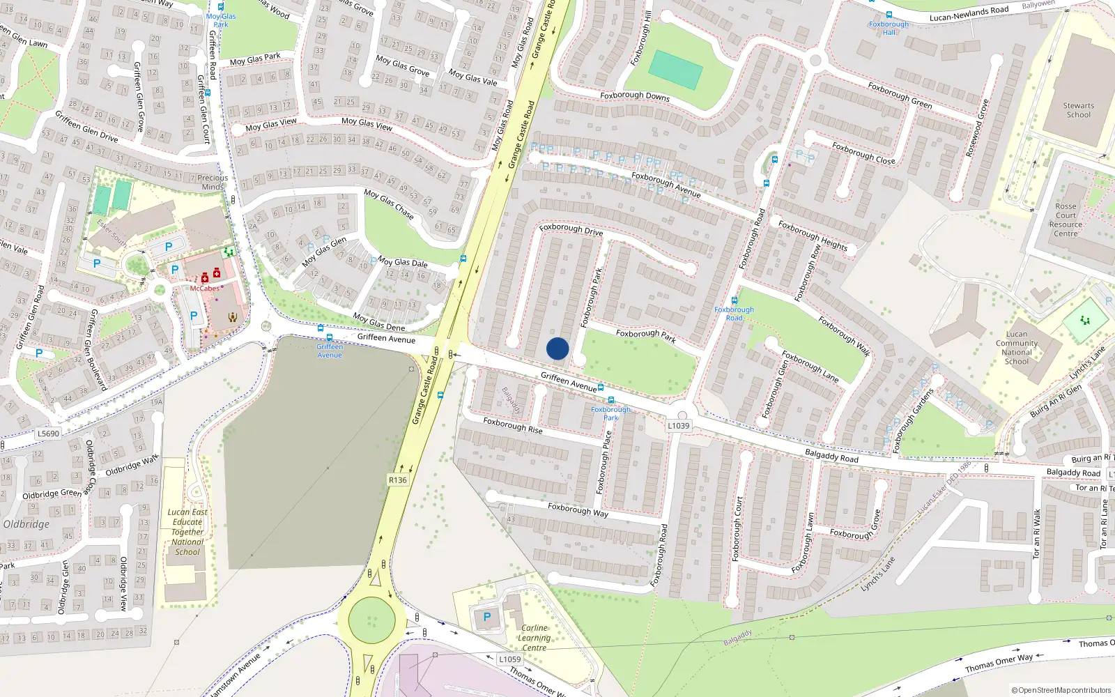 Overhead map showing the location of 5 Foxborough Park, Lucan, Dublin