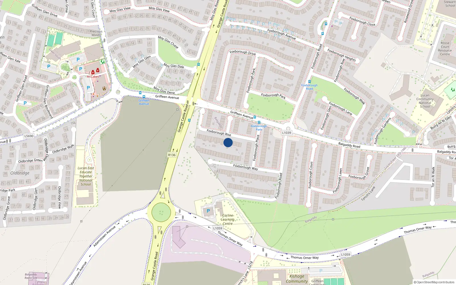Overhead map showing the location of 5 Foxborough Rise, Lucan, Dublin